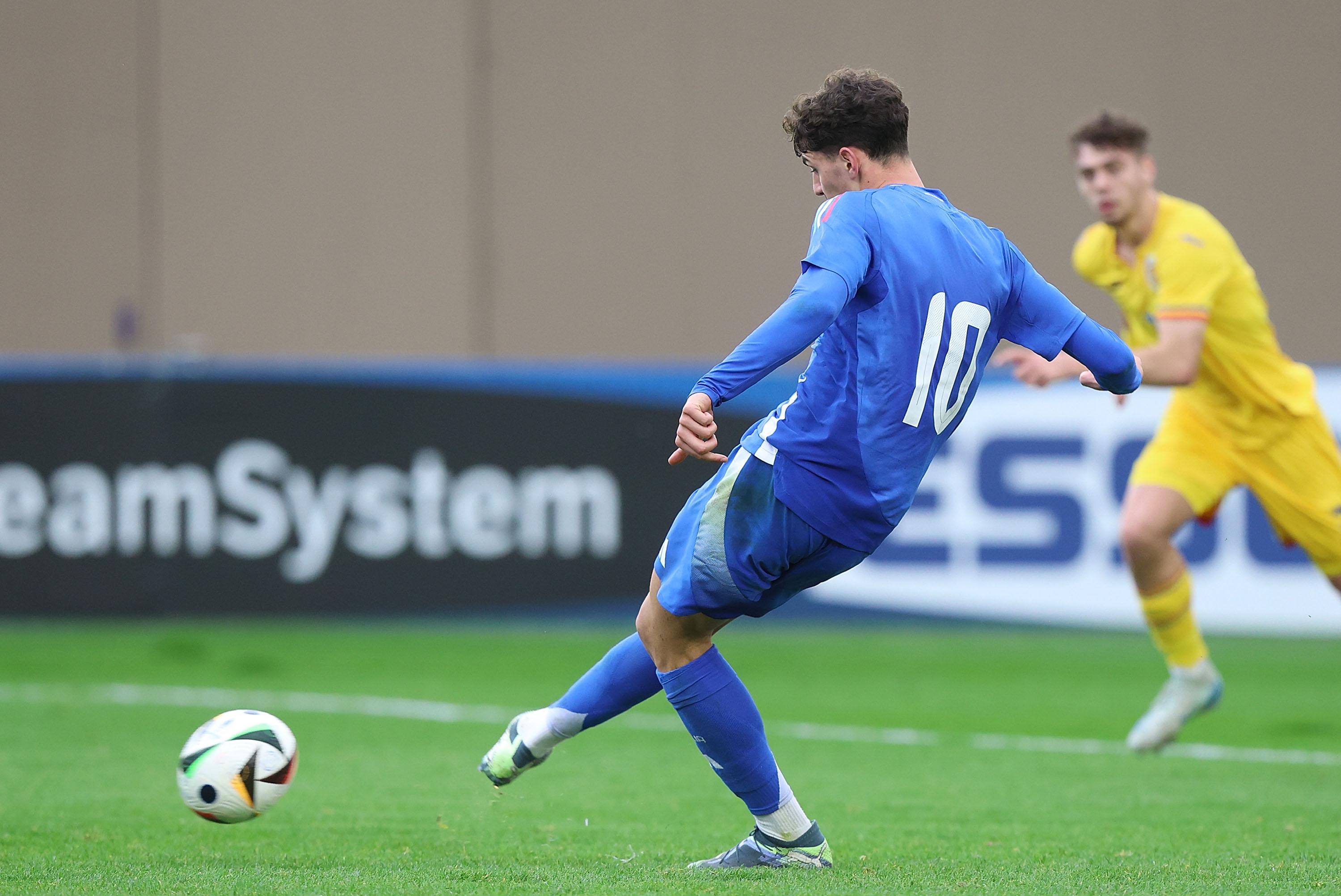 BAGNO A RIPOLI, ITALY - NOVEMBER 19: Lorenzo Anghele' of Italy U20 scores a goal during the Elite League match between Italy U20 and Romania U20 at Viola Park on November 19, 2024 in Bagno a Ripoli, Italy. (Photo by Gabriele Maltinti - FIGC/FIGC via Getty Images) *** Local Caption *** Lorenzo Anghele'