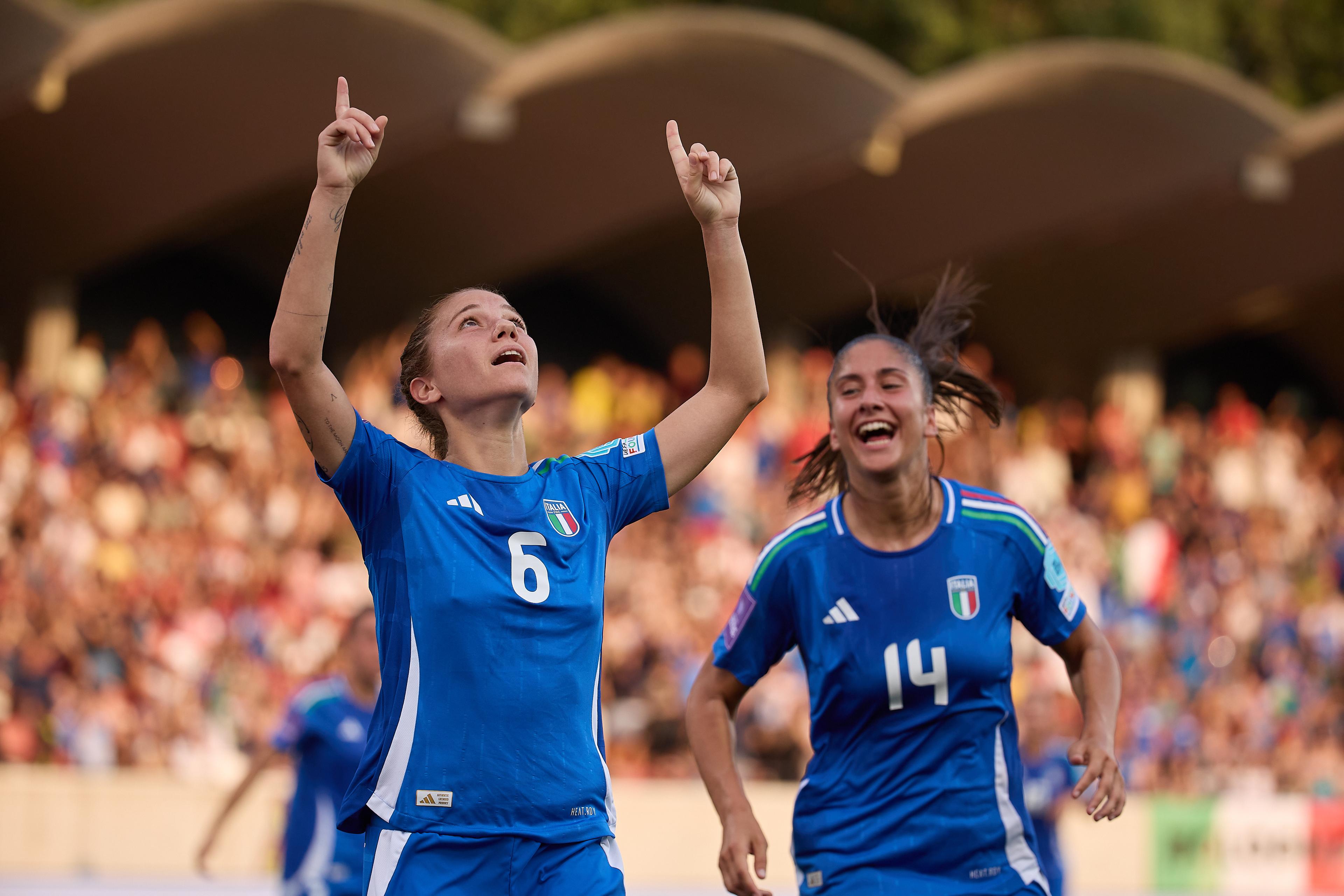BOLZANO, ITALY - JULY 16: Manuela Giugliano of Italy celebrates after scoring her team's second goal during the Women's EURO 2025 European Qualifiers match between Italy and Finland at Stadio Druso on July 16, 2024 in Bolzano, Italy. (Photo by Emmanuele Ciancaglini/Getty Images)