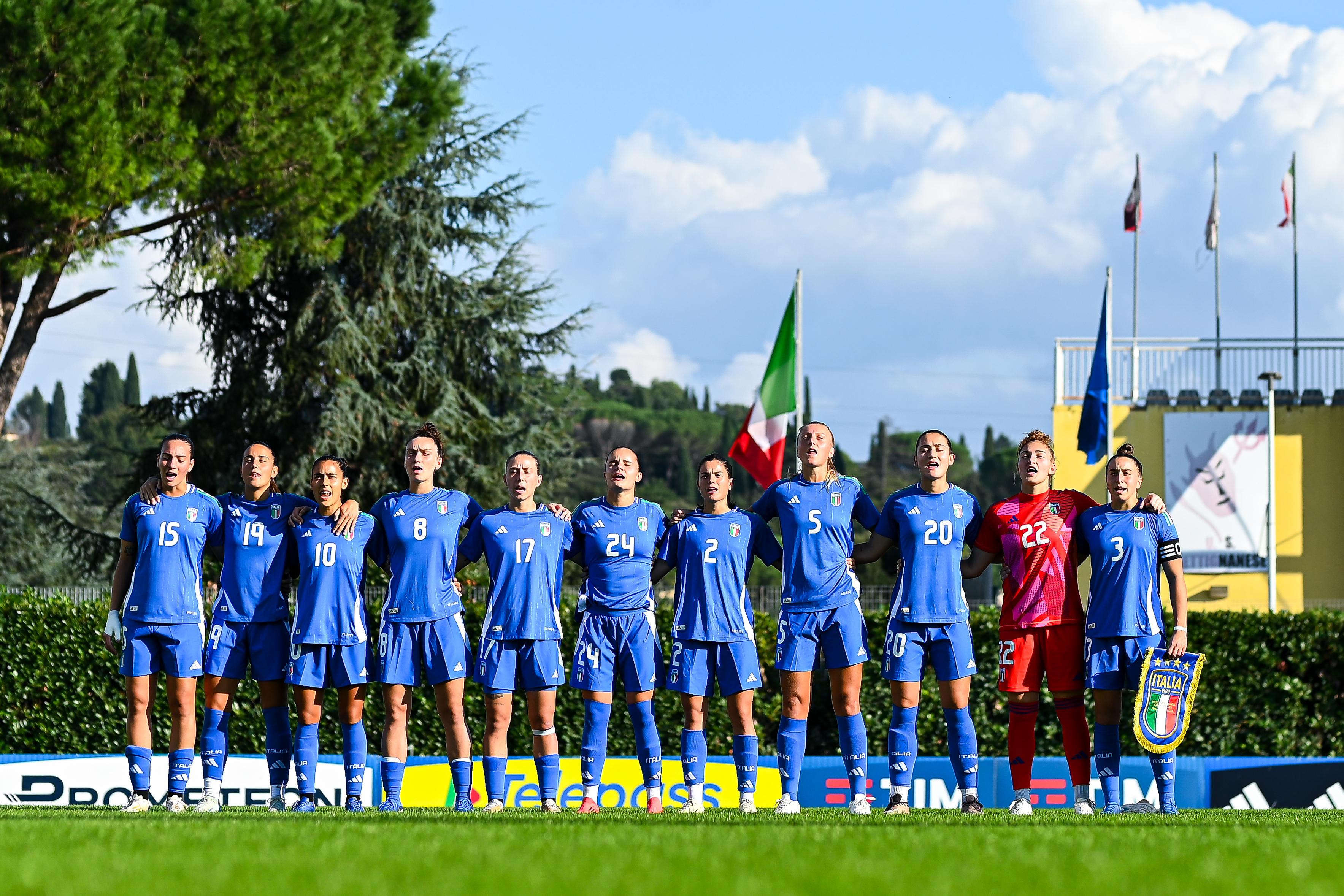 FLORENCE, ITALY - OCTOBER 28: Italy\\u2019s players sing the national anthem prior to kick-off in the Women International Friendly match between Italy U23 and Germany U23 at Centro Tecnico Federale di Coverciano on October 28, 2024 in Florence, Italy. (Photo by Ingrid Zambrano - FIGC/FIGC via Getty Images)