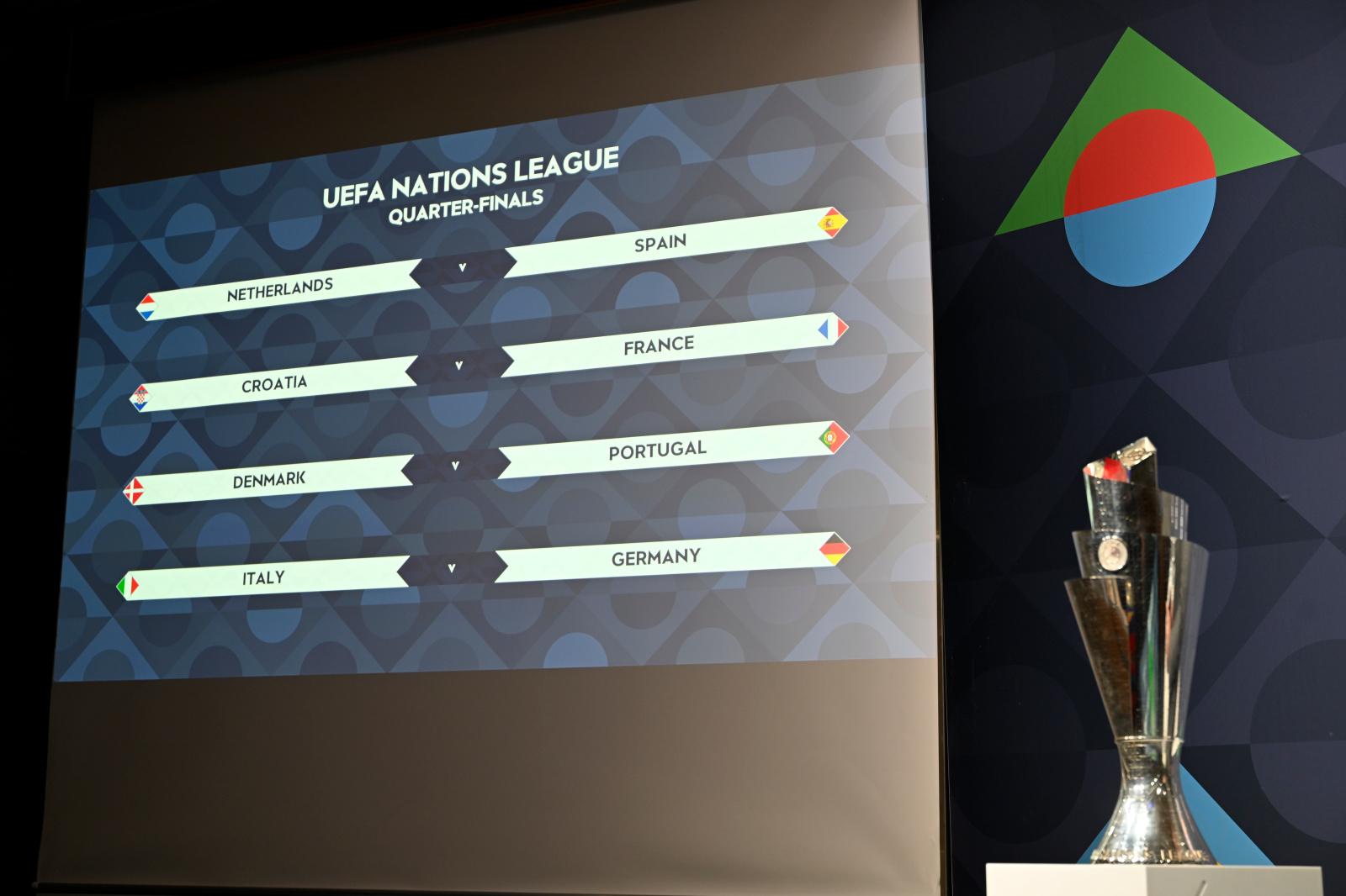 NYON, SWITZERLAND - NOVEMBER 22: A view of the draw results during the UEFA Nations League 2024/25 Knockout Round Play-off Draw at the UEFA Headquarters, The House of the European Football, on November 22, 2024 in Nyon, Switzerland (Photo by Kristian Skeie - UEFA/UEFA via Getty Images)
