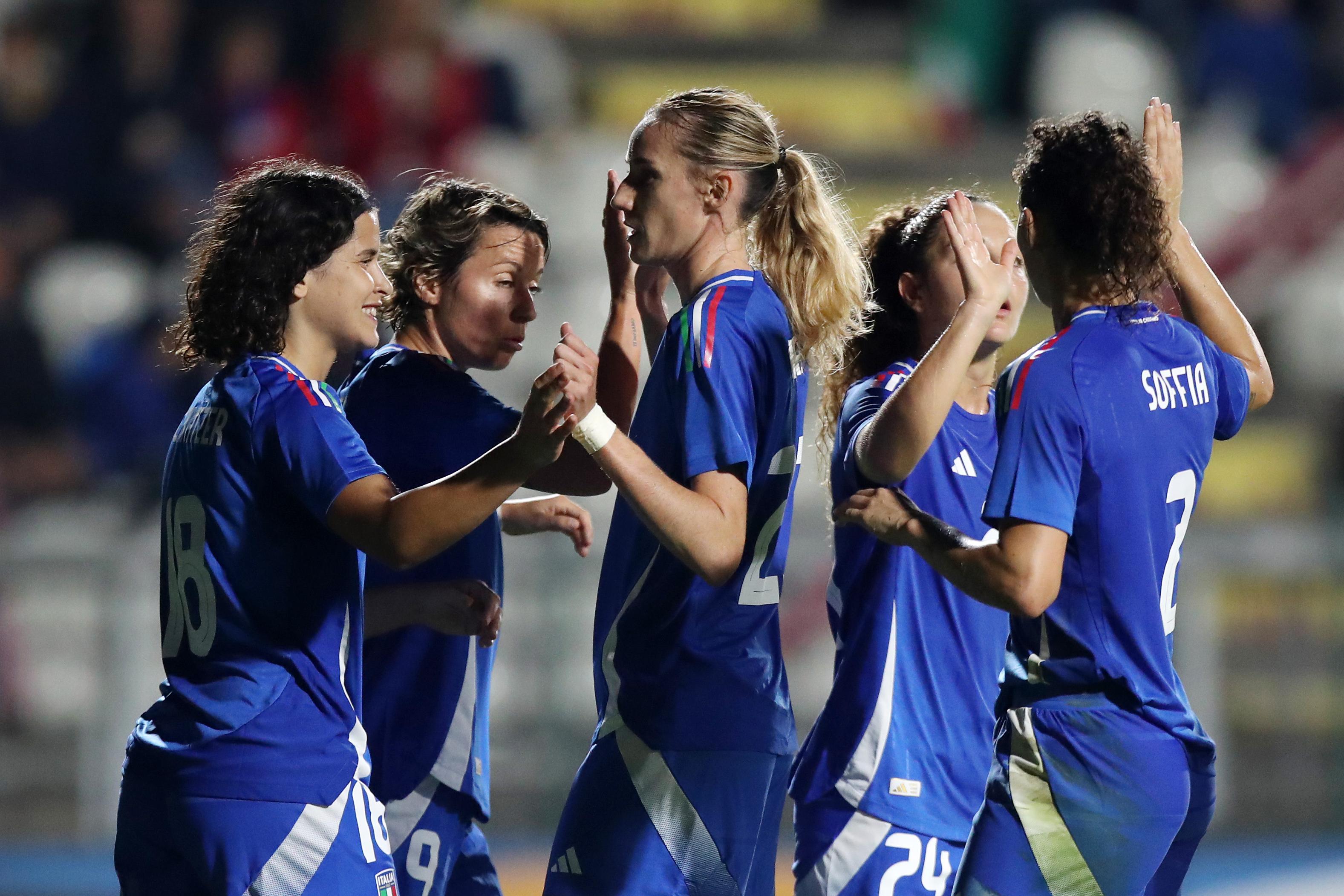 ROME, ITALY - OCTOBER 25: Sofia Cantore of Italy celebrates scoring her team\\'s second goal with teammates during the Women\\'s International Friendly match between Italy and Malta at Stadio Tre Fontane on October 25, 2024 in Rome, Italy. (Photo by Paolo Bruno - FIGC/FIGC via Getty Images)