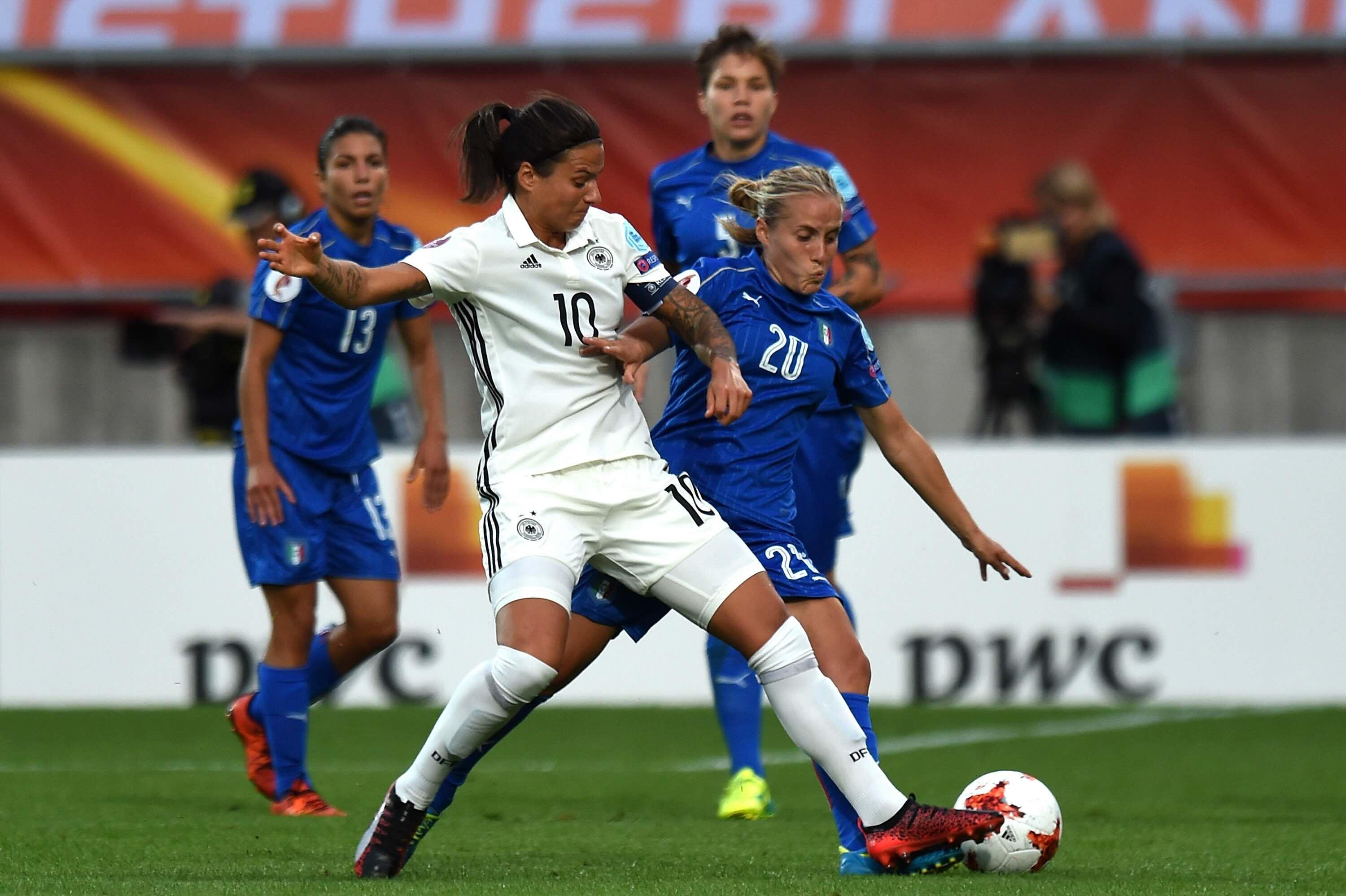 TILBURG, NETHERLANDS - JULY 21: Dzsenifer Marozsan of Germany and Valentina Cernoia of Italy fight for the ball during the UEFA Women's Euro 2017 Group B match between Germany and Italy at Koning Willem II Stadium on July 21, 2017 in Tilburg, Netherlands. (Photo by Tullio M. Puglia/Getty Images)