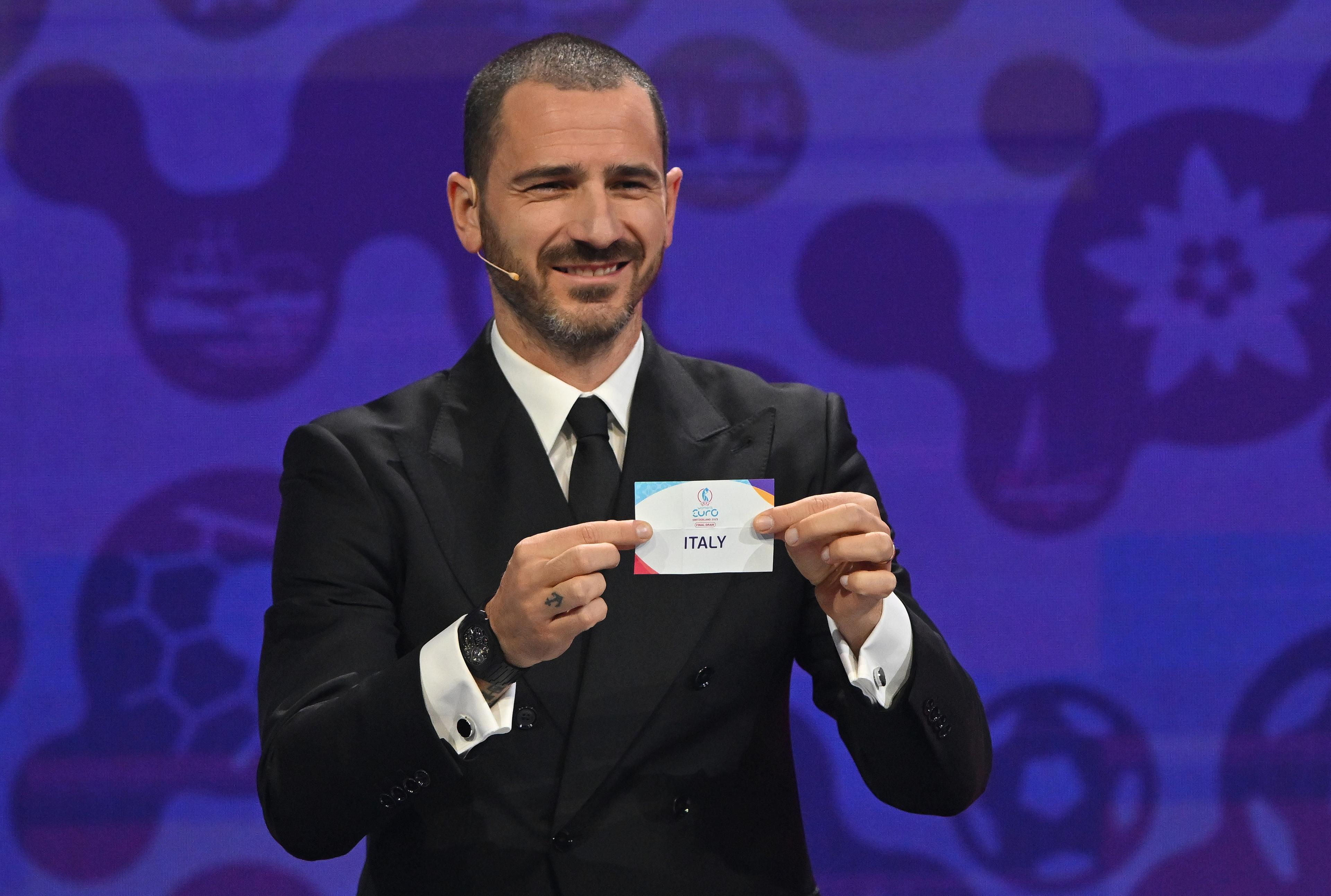 LAUSANNE, SWITZERLAND - DECEMBER 16: Leonardo Bonucci pulls out the card of Italy during the UEFA Women's EURO 2025 Draw at Swiss Tech Convention Centre in Lausanne, Switzerland on December 16, 2024 in Lausanne, Switzerland. (Photo by Chris Ricco - UEFA/UEFA via Getty Images)