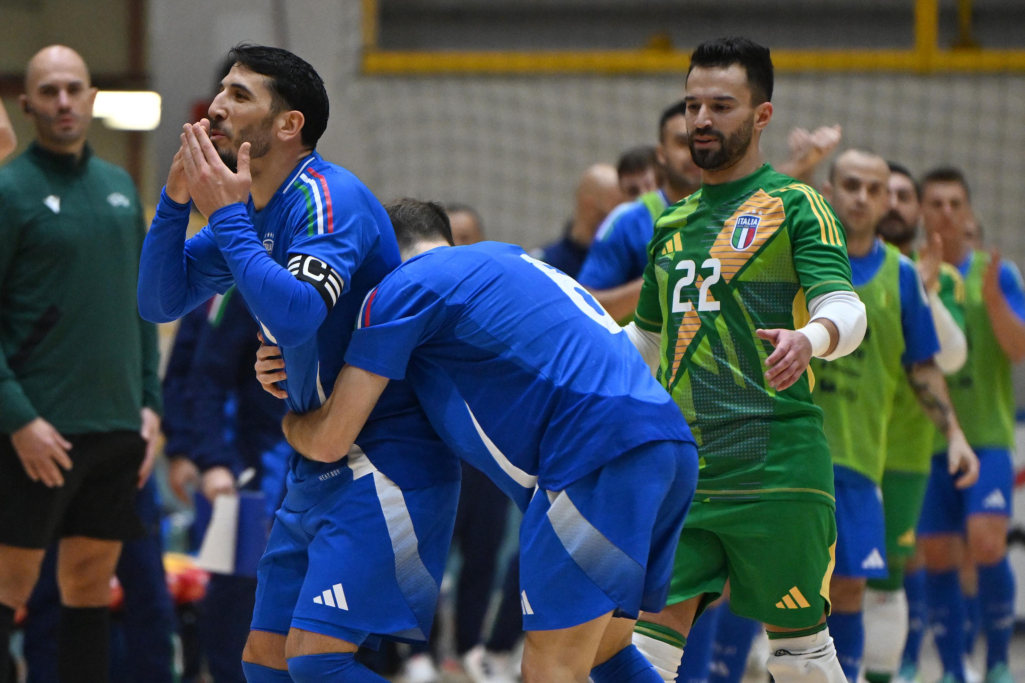 BENEVENTO, ITALY - DECEMBER 17: Carmelo Musumeci of Italy celebrates after scoring his side second goal during the Futsal Friendly match between Italy and Lithuania on December 17, 2024 in Benevento, Italy. (Photo by FIGC/FIGC via Getty Images)