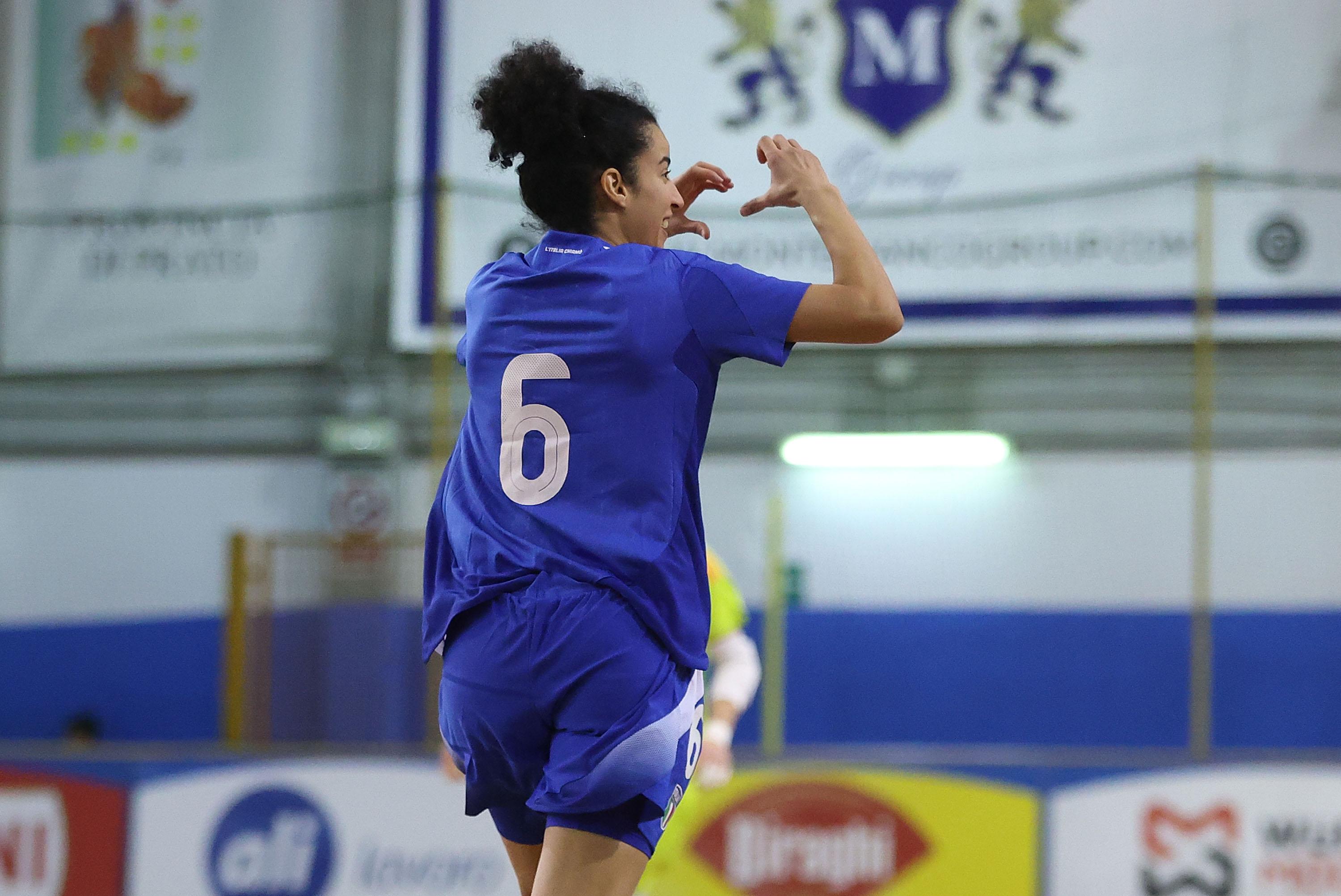 PRATO, ITALY - JANUARY 14: Sara Boutimah kita celebrates after scoring a goal during the Women Futsal Friendly match between Italy and Portugal on January 14, 2025 in Prato, Italy. (Photo by Gabriele Maltinti - FIGC/FIGC via Getty Images) *** Local Caption *** Sara Boutimah