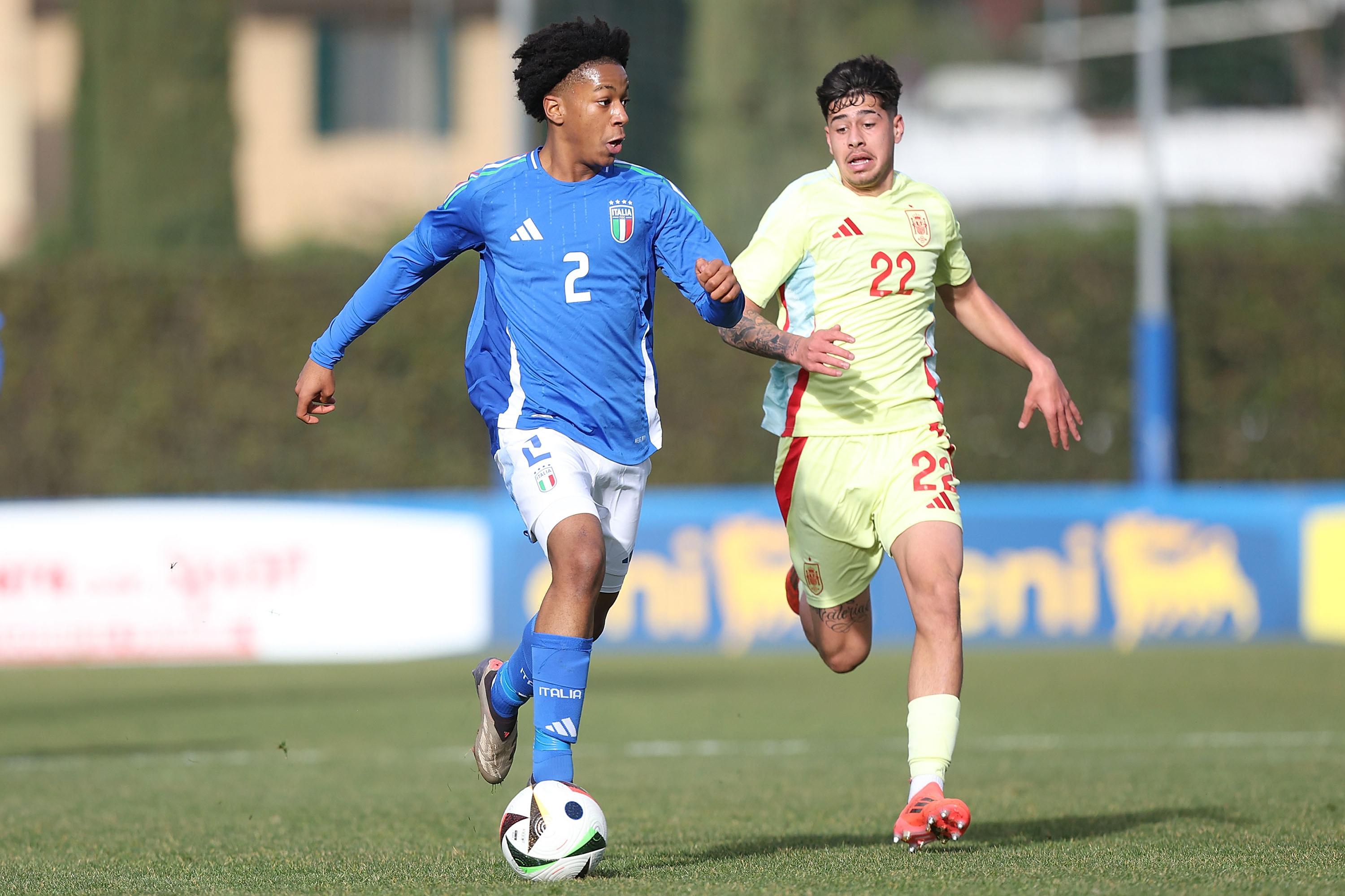 FLORENCE, ITALY - JANUARY 21: Jean Mambuku of Italy U17 in action during the International Friendly match between Italy U17 and Spain U17 on January 21, 2025 in Florence, Italy.  (Photo by Gabriele Maltinti - FIGC/FIGC via Getty Images) *** Local Caption *** Jean Mambuku