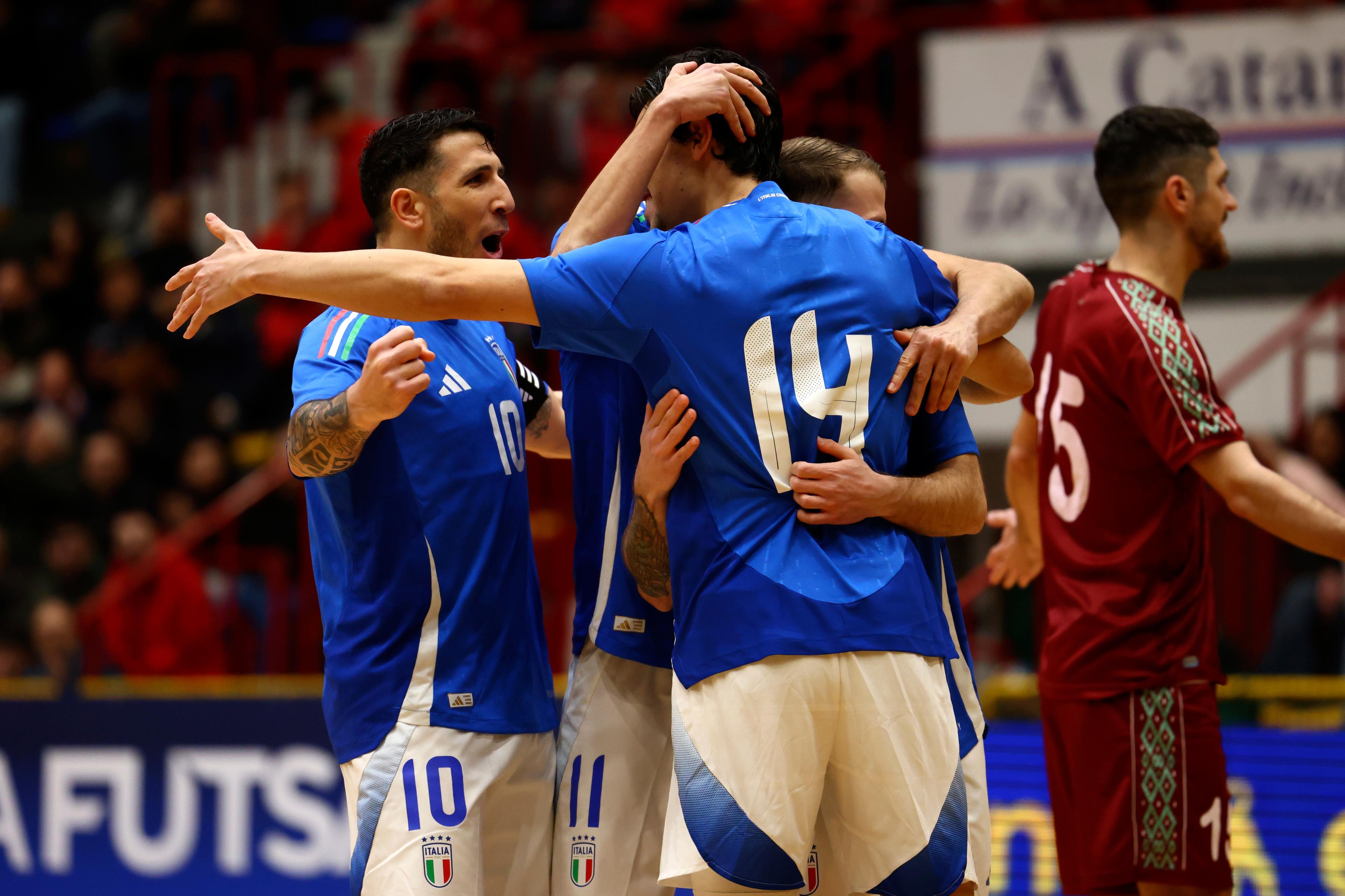 CATANIA, ITALY - JANUARY 30: Gabriel Motta of Italy celebrates with their teammates during the Futsal EURO 2026 Qualifyier match beetween Italy and Belarus on January 30, 2025 in PalaCatania, Catania, Italy. (Photo by FIGC/FIGC via Getty Images)