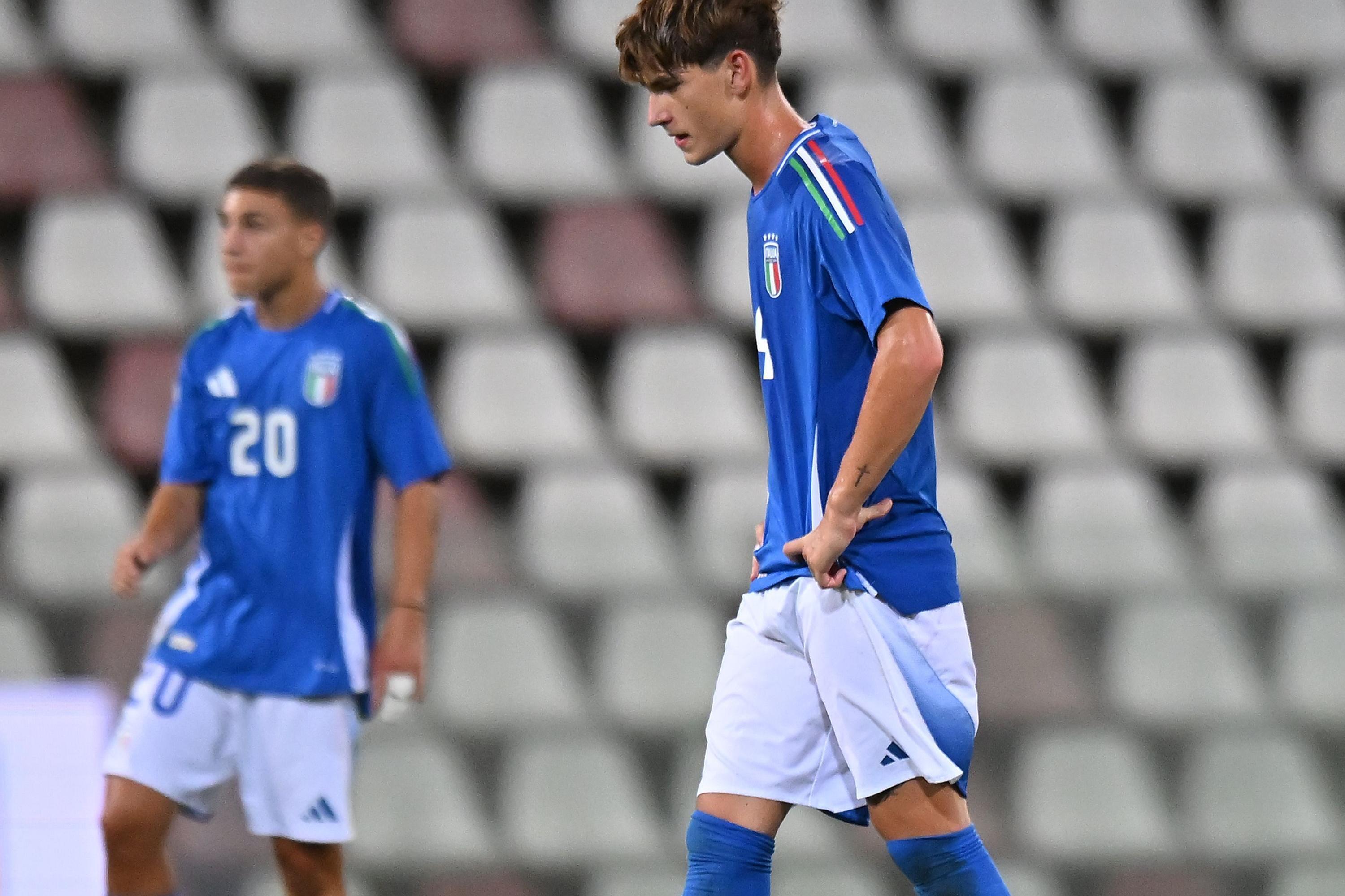 TRIESTE, ITALY - SEPTEMBER 09:  Thomas Campaniello of Italy U17  shows his dejection during the International Friendly match between Italy U17 and Spain U17 at Stadio Nereo Rocco on September 09, 2024 in Trieste, Italy.  (Photo by Alessandro Sabattini/Getty Images)