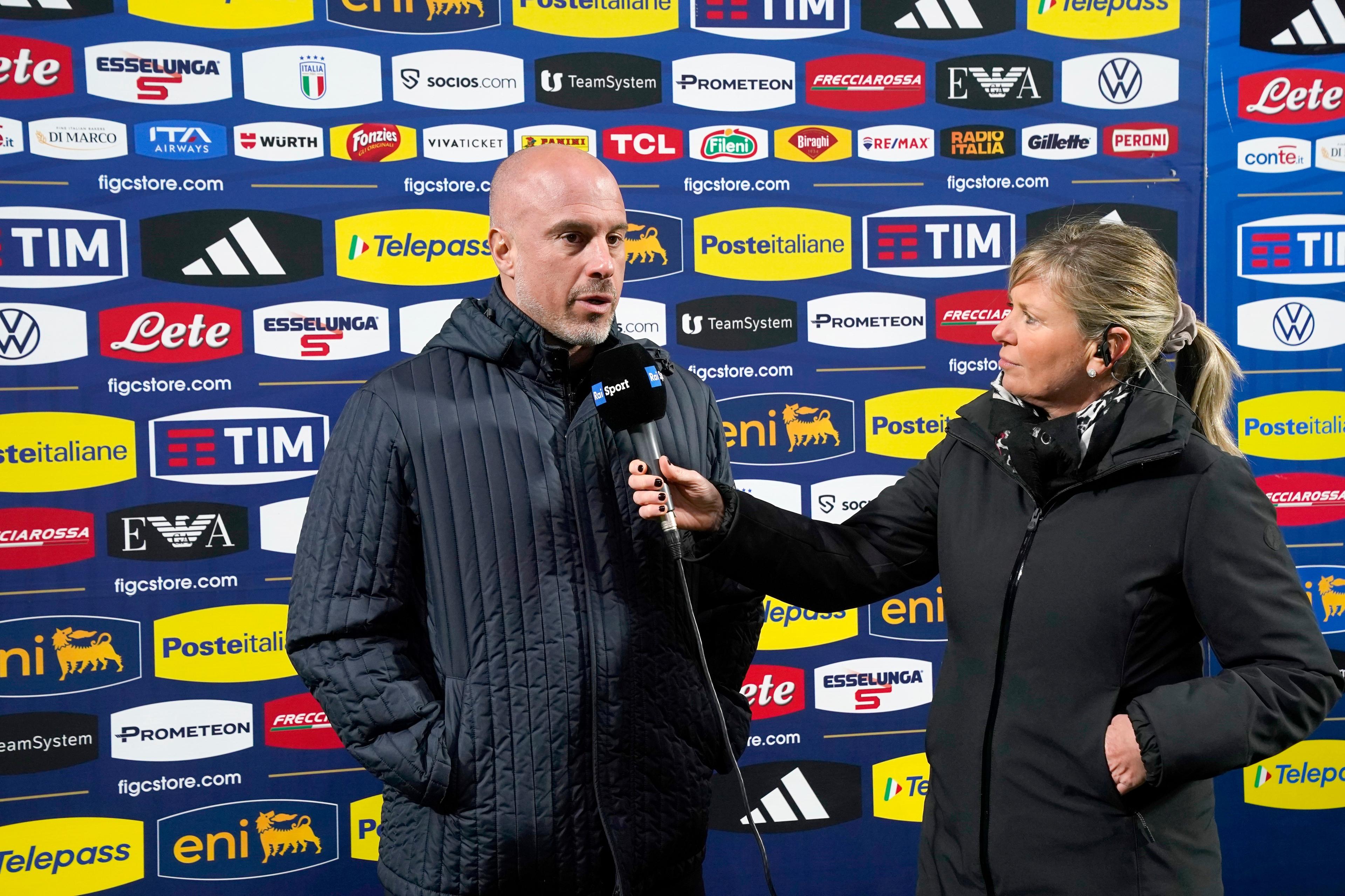 MONZA, ITALY - FEBRUARY 20: ANdrea Soncin head coach of Italy Women talks with media during walk around at Stadio Brianteo on February 20, 2025 in Monza, Italy. (Photo by FIGC/FIGC via Getty Images)