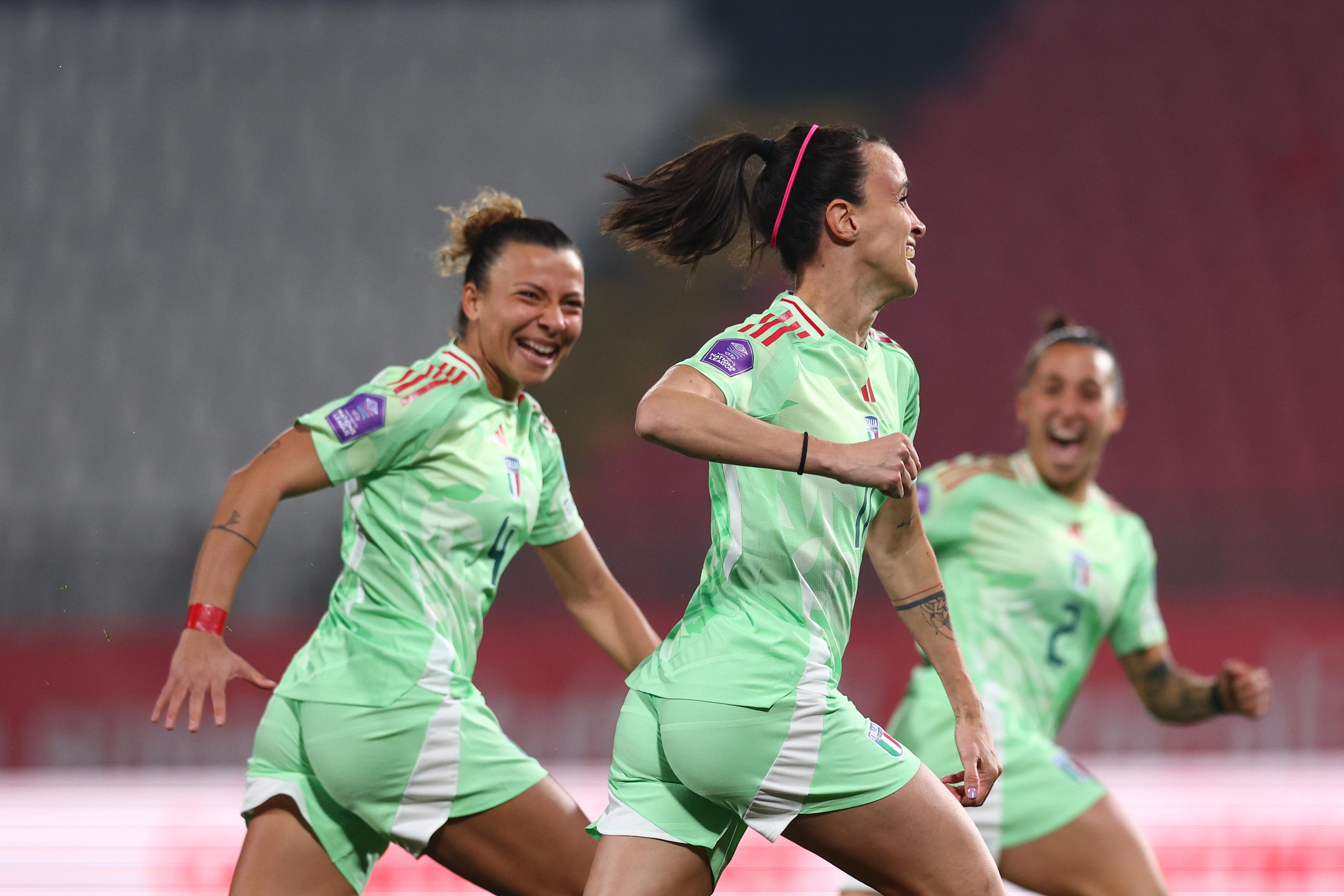 MONZA, ITALY - FEBRUARY 21: Barbara Bonansea of Italy celebrates after scoring her team\\'s first goal during the UEFA Women\\'s Nations League 2024/25 Group A4 MD1 match between Italy and Wales at Stadio Brianteo on February 21, 2025 in Monza, Italy. (Photo by Francesco Scaccianoce/FIGC via Getty Images)