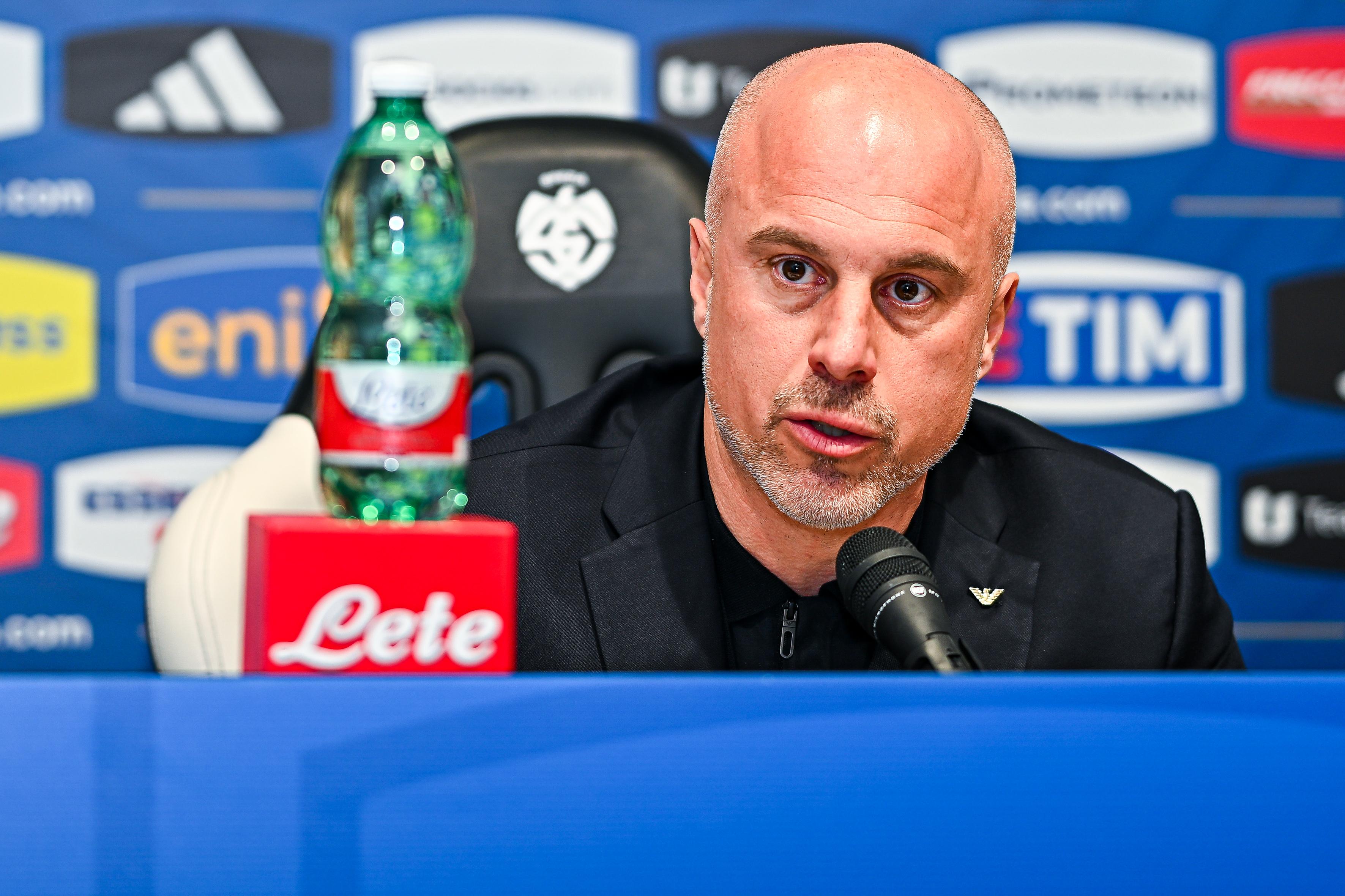 LA SPEZIA, ITALY - FEBRUARY 24: Andrea Soncin, head coach of Italy, attends a press conference at Stadio Alberto Picco on February 24, 2025 in La Spezia, Italy. (Photo by Simone Arveda - FIGC/FIGC via Getty Images)