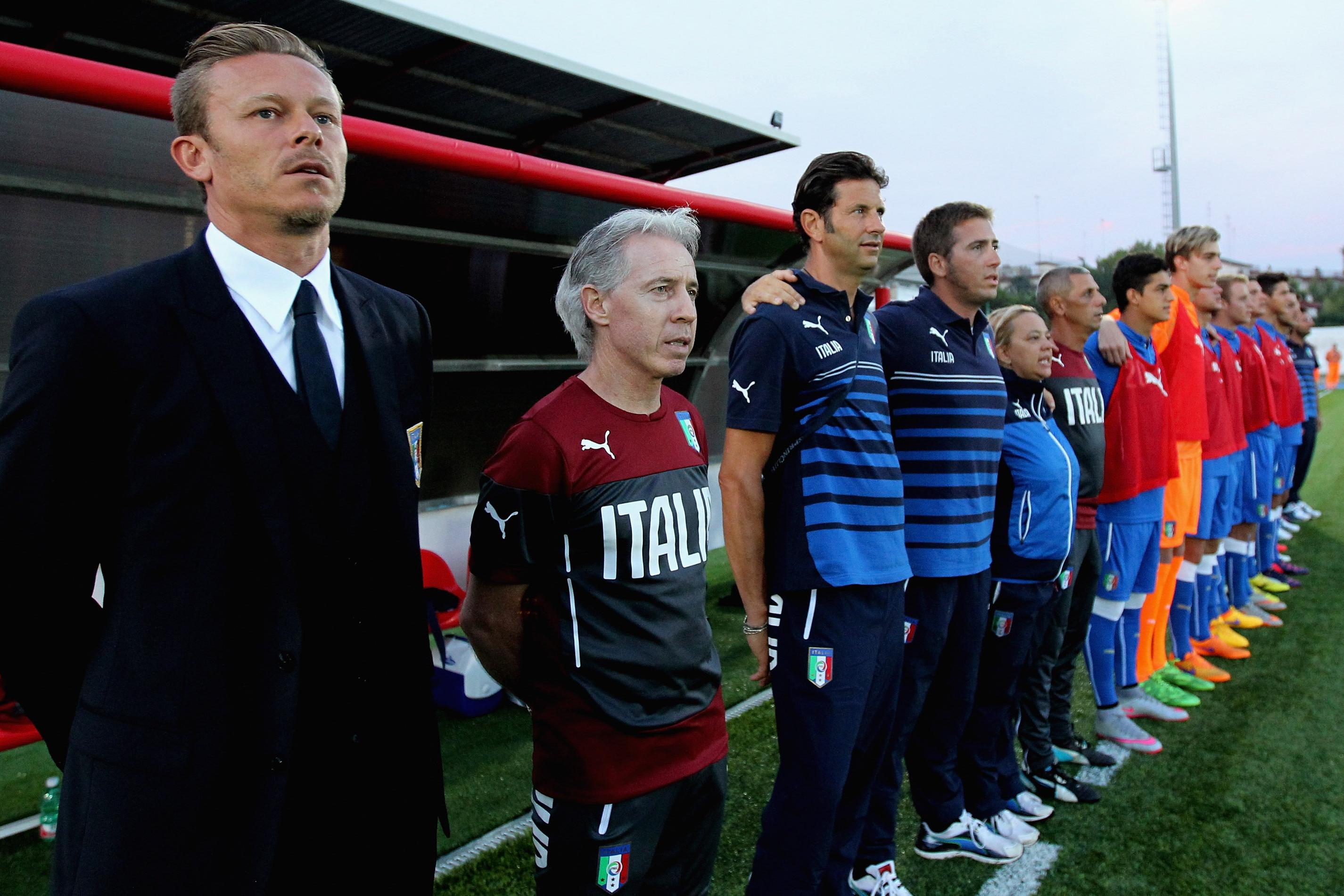 TARANTO, ITALY - AUGUST 12:  Italy head coach Roberto Baronio looks on during the international friendly match between Italy U18 and Bulgaria U18 at Stadio Giovanni De Bellis on August 12, 2015 in Castellaneta near Taranto, Italy.  (Photo by Paolo Bruno/Getty Images)