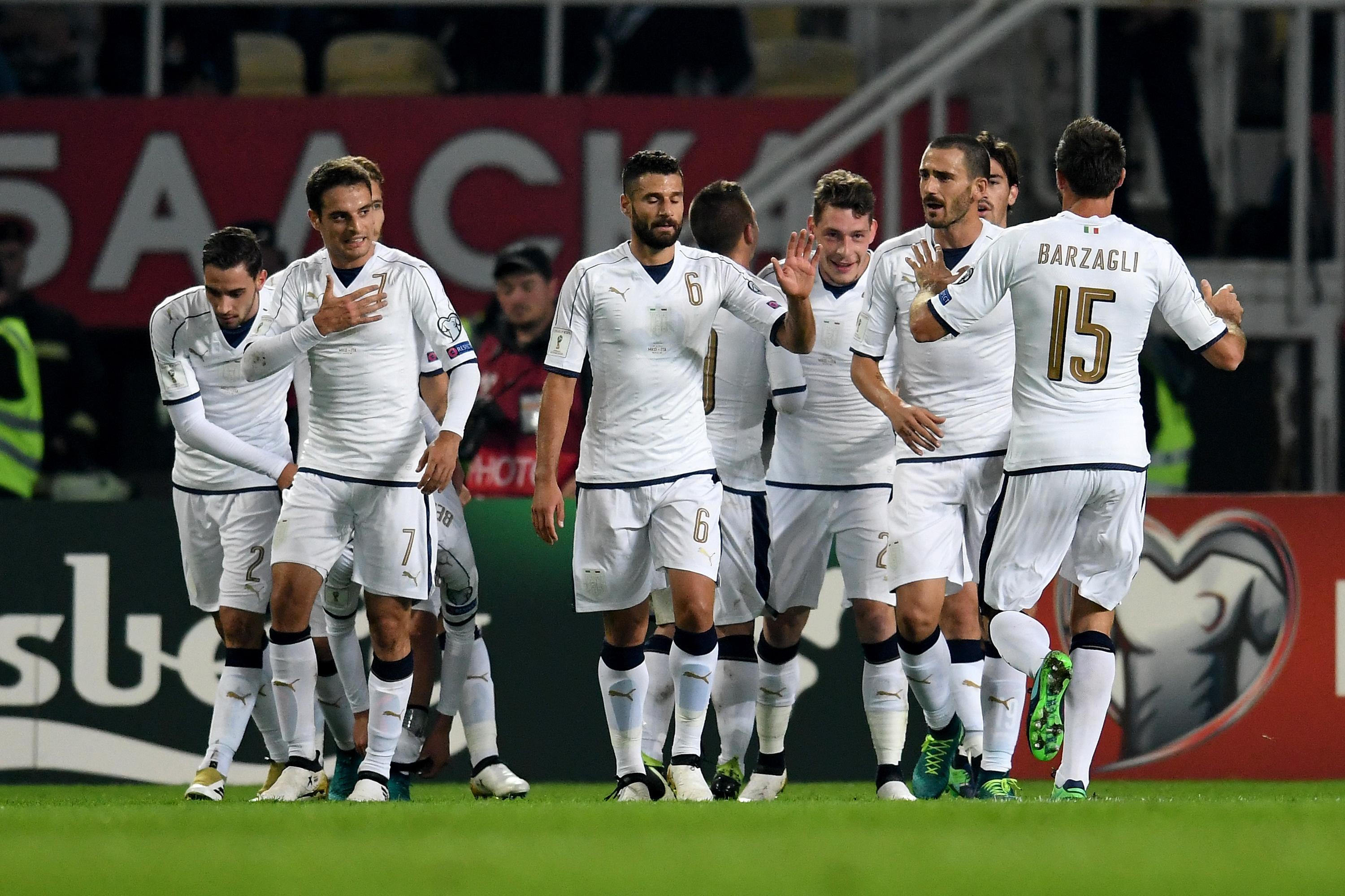 SKOPJE, MACEDONIA - OCTOBER 09:  Andrea Belotti of Italy (C) celebrates after scoring the opening goal during the FIFA 2018 World Cup Qualifier between FYR Macedonia and Italy at Nacionalna Arena Filip II Makedonski on October 9, 2016 in Skopje, Macedonia.  (Photo by Claudio Villa/Getty Images)