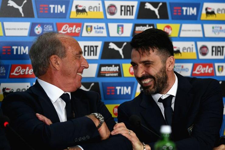 PALERMO, ITALY - MARCH 23:  Italian national team head coach Giampiero Ventura (L) and Gianluigi Buffon speak with the media during the press conference at  at Stadio Renzo Barbera on March 23, 2017 in Palermo, Italy.  (Photo by Claudio Villa/Getty Images)
