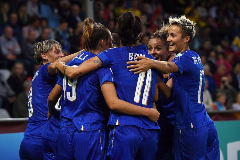 DOETINCHEM, NETHERLANDS - JULY 25:  Daniela Sabatino of Italy is celebrated after scoring her second goal during the UEFA Women\\'s Euro 2017 Group B match between Sweden and Italy at Stadion De Vijverberg on July 25, 2017 in Doetinchem, Netherlands.  (Photo by Tullio M. Puglia/Getty Images)