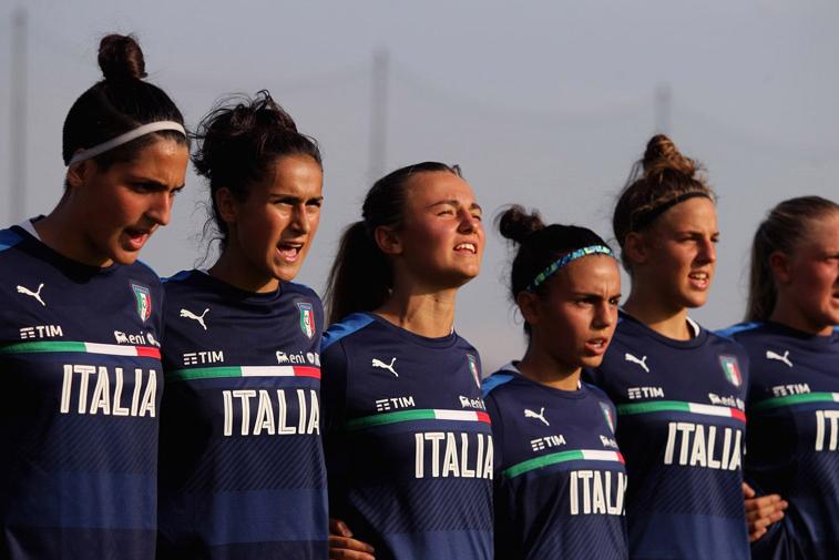 SPOLETO, ITALY - AUGUST 31: Italy Women U17 team sing her National Anthem during the friendly match between Italy Women U17 and Greece Women U17 on August 31, 2017 in Norcia, Italy. (Photo by Paolo Bruno/Getty Images)