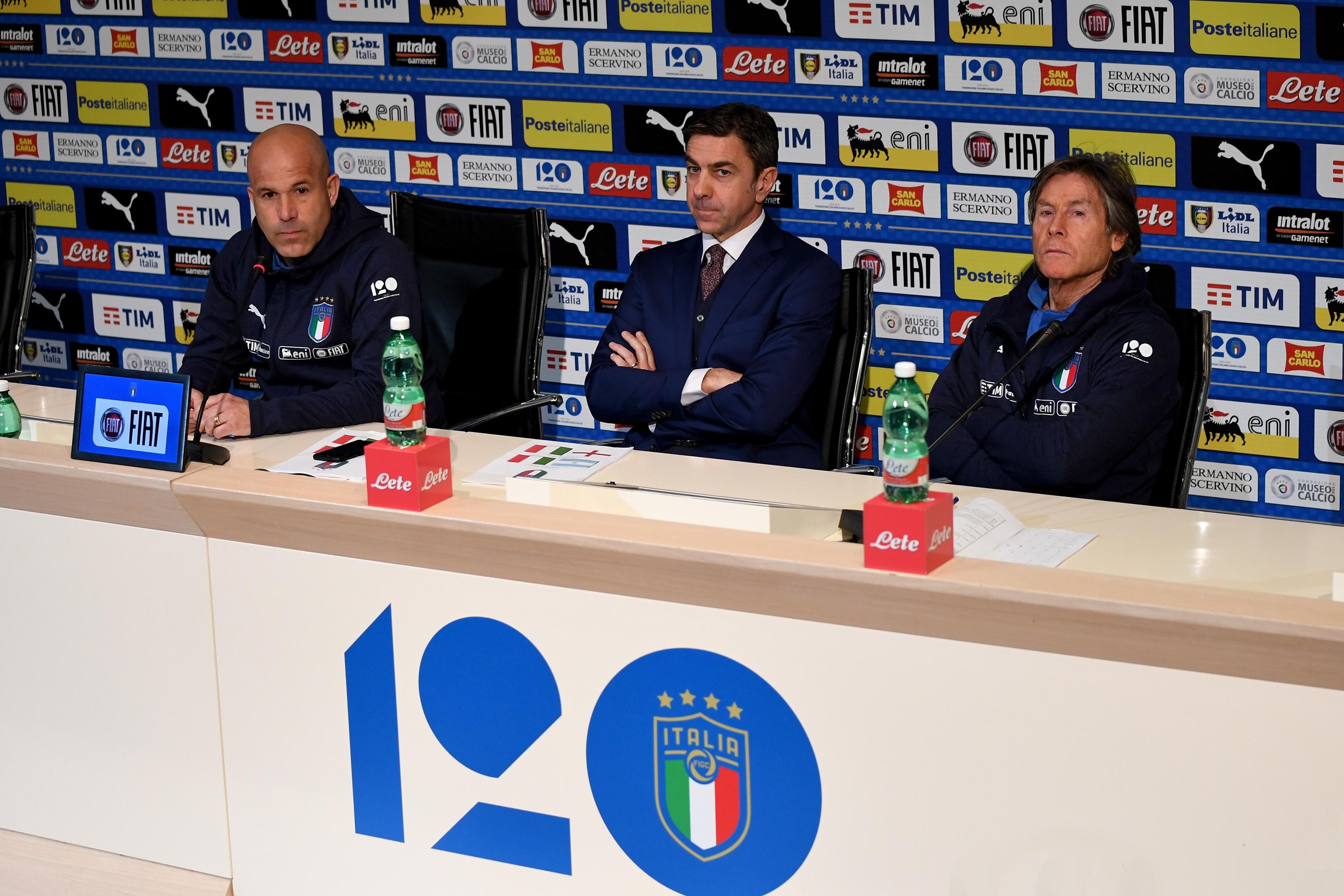 FLORENCE, ITALY - MARCH 19: (L-R) Head coach Italy Luigi Di Biagio, FIGC Vice Commissioner Alessandro Costacurta and Italy Team Manager Gabriele Oriali speak to the media during a press conference at Centro Tecnico Federale di Coverciano on March 19, 2018 in Florence, Italy. (Photo by Claudio Villa/Getty Images) *** Local Caption *** Luigi Di Biagio; Alessandro Costacurta; Gabriele Oriali