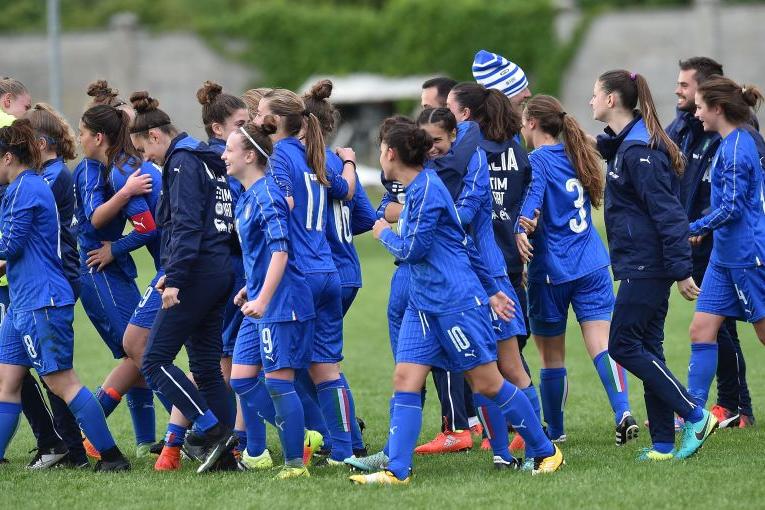 TORVISCOSA, ITALY - APRIL 28:  Players of Italy U16 celebrate for reaching the final of the tournament after the 2nd Female Tournament \\'Delle Nazioni\\' match between Italy U16 and Belgium U16 on April 28, 2017 in Torviscosa, Italy.  (Photo by Giuseppe Bellini/Getty Images)