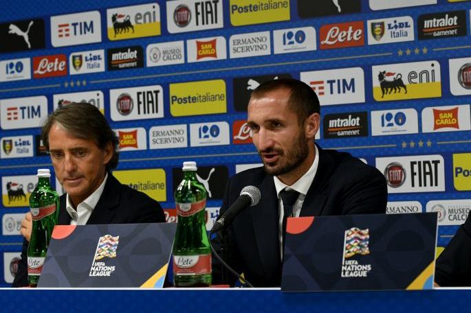 BOLOGNA, ITALY - SEPTEMBER 06: Giorgio Chiellini of Italy speaks with the media during a press conference at Stadio Renato Dall\\'Ara on September 6, 2018 in Bologna, Italy. (Photo by Claudio Villa/Getty Images)