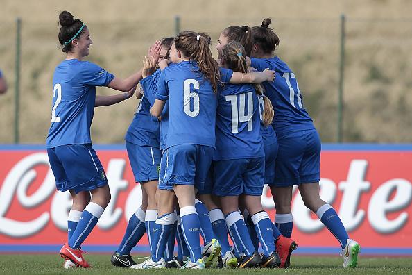 MONTEPULCIANO, ITALY - APRIL 11: Italy U17 players celebrate a goal scored by Annamaria Serturini during the UEFA Under17 Women\\'s Elite Round match between Italy and Belarus at Stadio B. Bonelli on April 11, 2015 in Montepulciano, Italy. (Photo by Gabriele Maltinti/Getty Images)