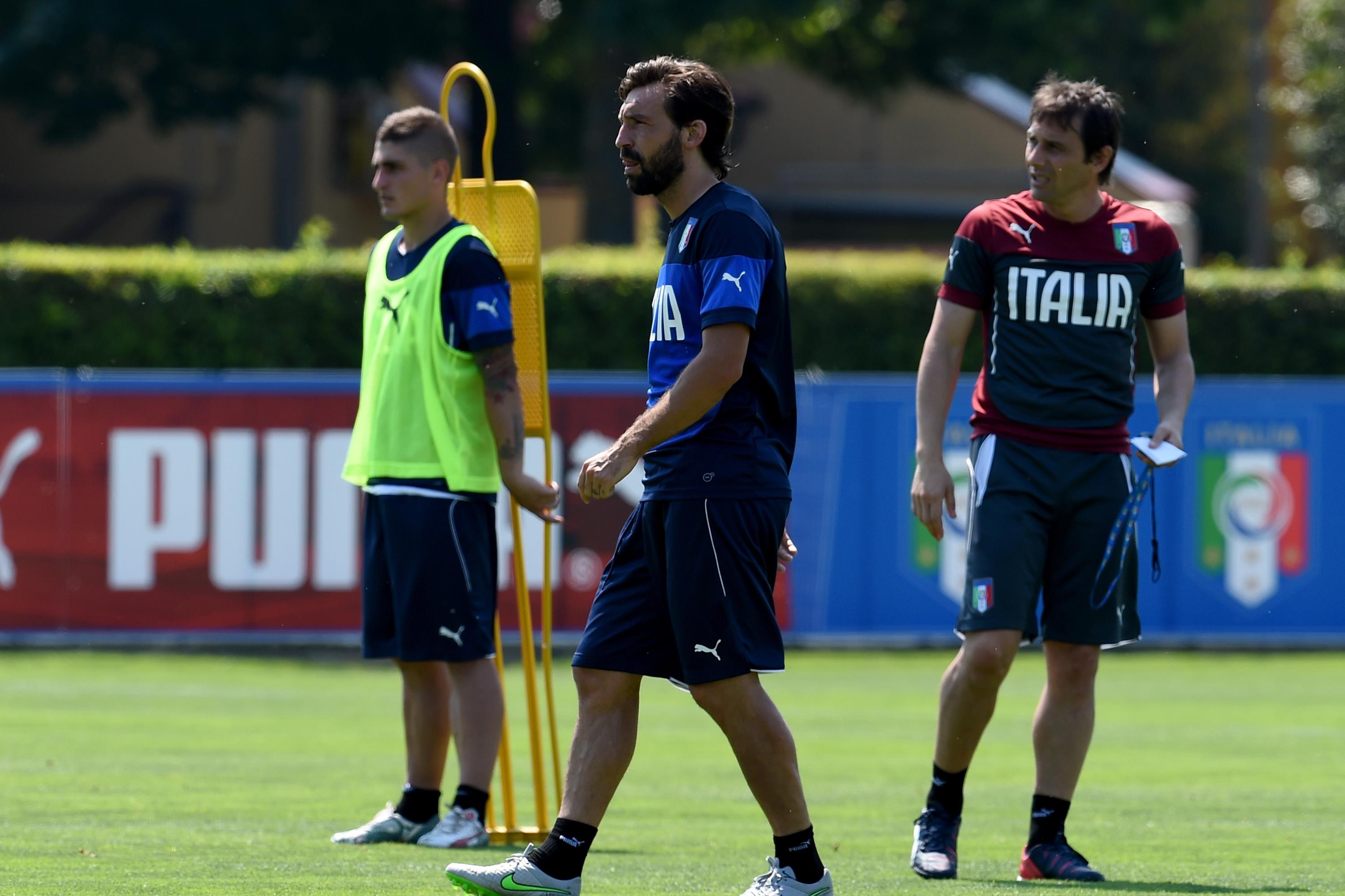 FLORENCE, ITALY - JUNE 08:  Andrea Pirlo (C) looks on during an Italy training session at Coverciano on June 8, 2015 in Florence, Italy.  (Photo by Claudio Villa/Getty Images)