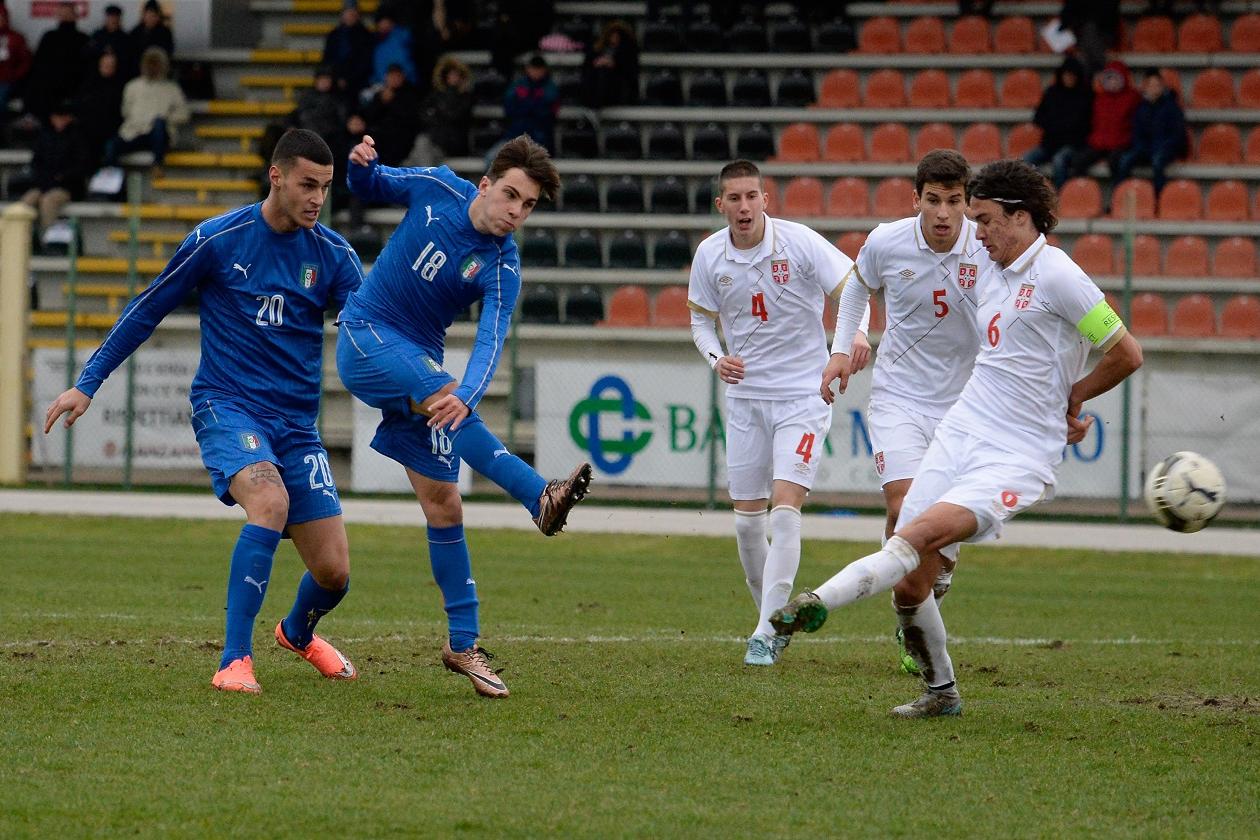 MANZANO, ITALY - FEBRUARY 16:  Alessandro Malammo (2nd to L) of Italy U17 scores his team\\'s third goal during the international friendly match between Italy U17 and Serbia U17 at Stadio Comunale  on February 16, 2016 in Manzano, Italy.  (Photo by Dino Panato/Getty Images)