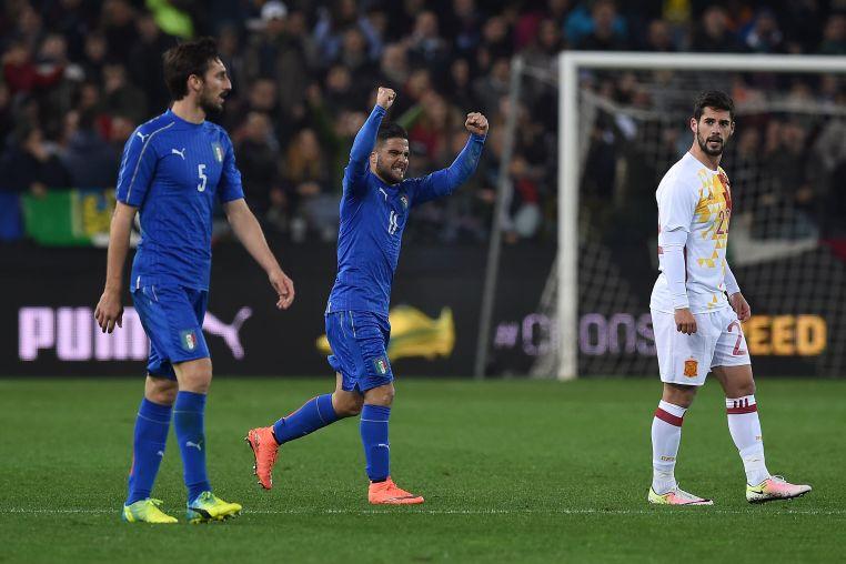 \"UDINE, ITALY - MARCH 24: Lorenzo Insigne (C) of Italy celebrates after scoring the opening goal during the international friendly match between Italy and Spain at Stadio Friuli on March 24, 2016 in Udine, Italy. (Photo by Valerio Pennicino/Getty Images)\"