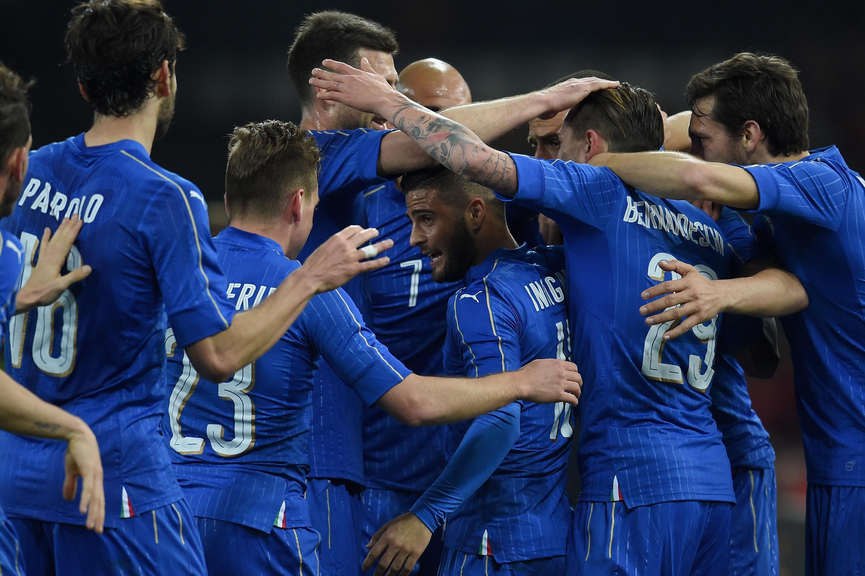 \"UDINE, ITALY - MARCH 24: Lorenzo Insigne of Italy (C) celebrates after scoring the opening goal during the international friendly match between Italy and Spain at Stadio Friuli on March 24, 2016 in Udine, Italy. (Photo by Claudio Villa/Getty Images)\"