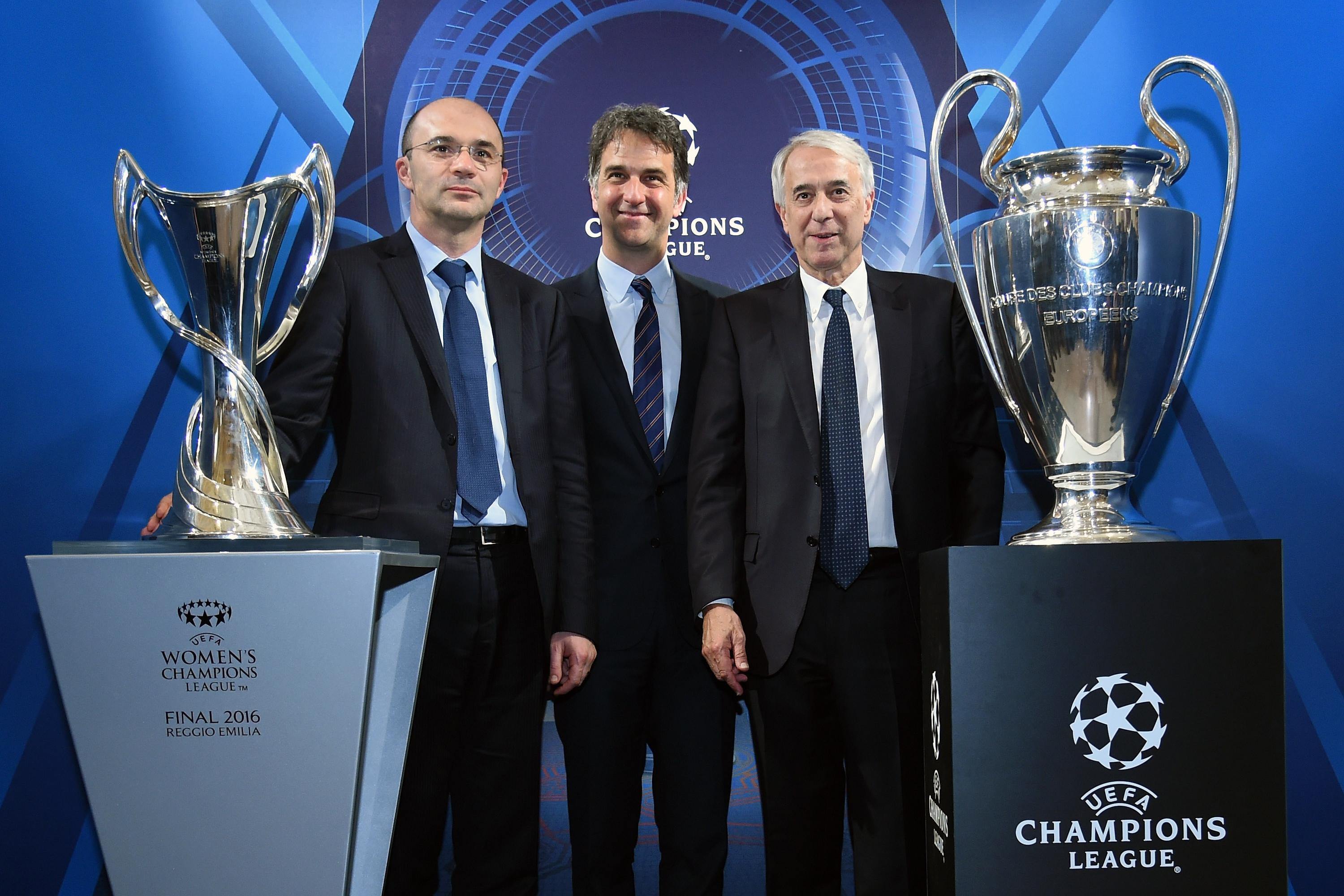 \"MILAN, ITALY - APRIL 22:  (L-R) Mayor of Reggio Emilia Luca Vecchi, Michele Uva,  General Director of FIGC, and Giuliano Pisapia, Mayor of Milan pose during a press conference to present the UEFA Champions League Trophy display at Palazzo Marino on April 22, 2016 in Milan, Italy.  (Photo by Pier Marco Tacca/Getty Images)\"