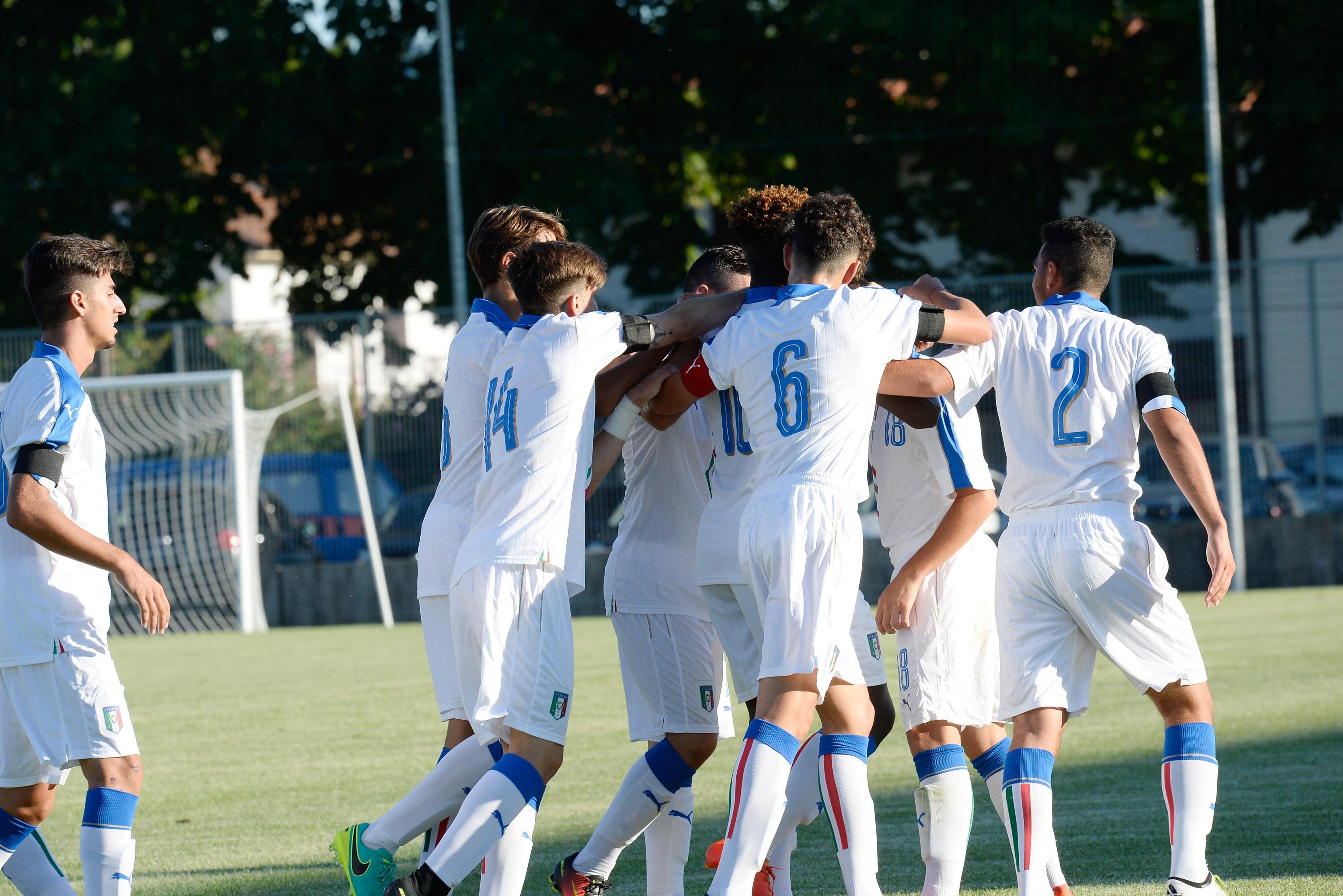 GORIZIA, ITALY - AUGUST 24: Vincenzo Millico of Italy U16 celebrates after scoring his opening during the International Friendly between Italy U16 and Bosnia U16 at Stadio Enzo Bearzot on August 24, 2016 in Gorizia, Italy. (Photo by Dino Panato/Getty Images)