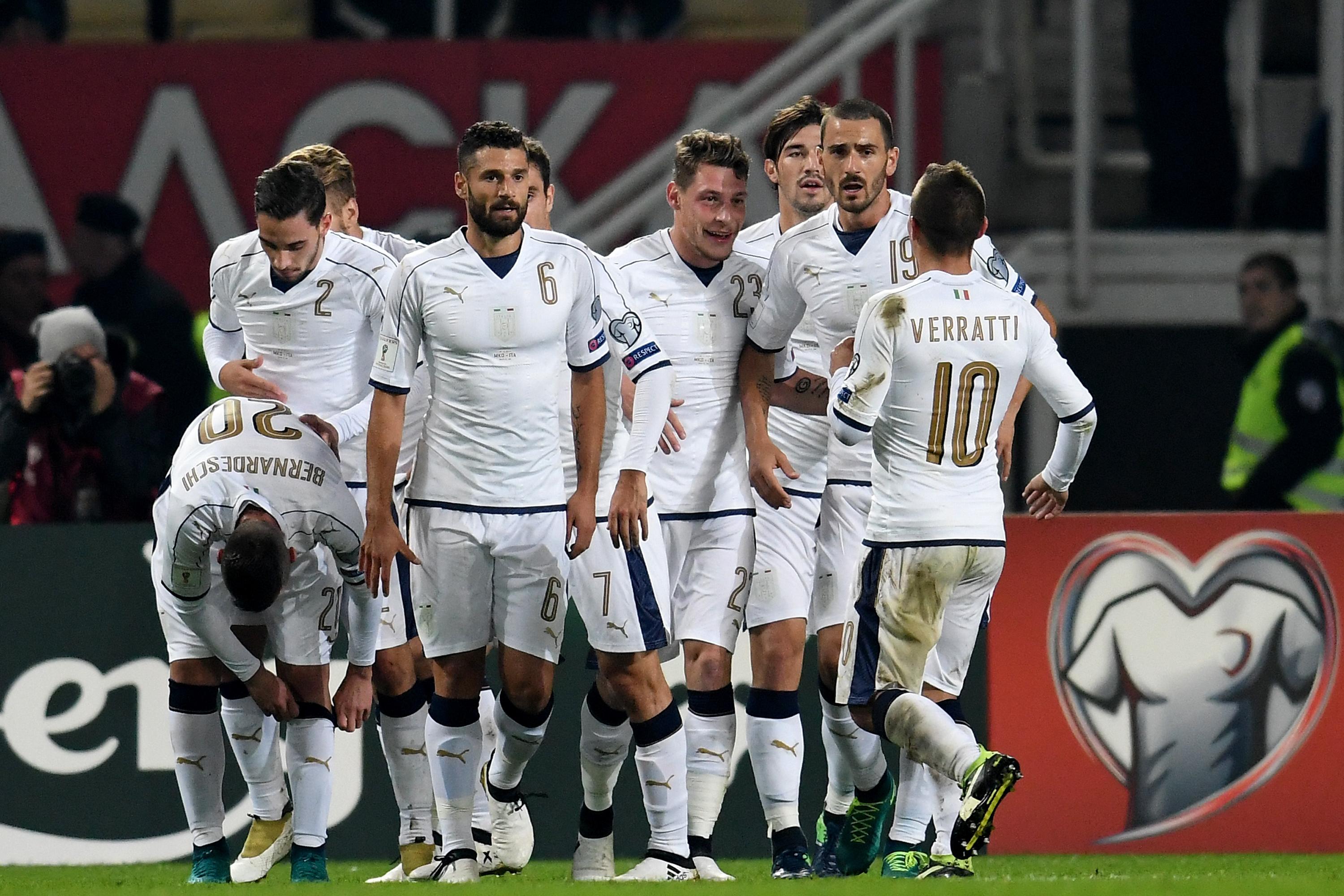 SKOPJE, MACEDONIA - OCTOBER 09:  Andrea Belotti of Italy (C) celebrates after scoring the opening goal during the FIFA 2018 World Cup Qualifier between FYR Macedonia and Italy at Nacionalna Arena Filip II Makedonski on October 9, 2016 in Skopje, Macedonia.  (Photo by Claudio Villa/Getty Images)