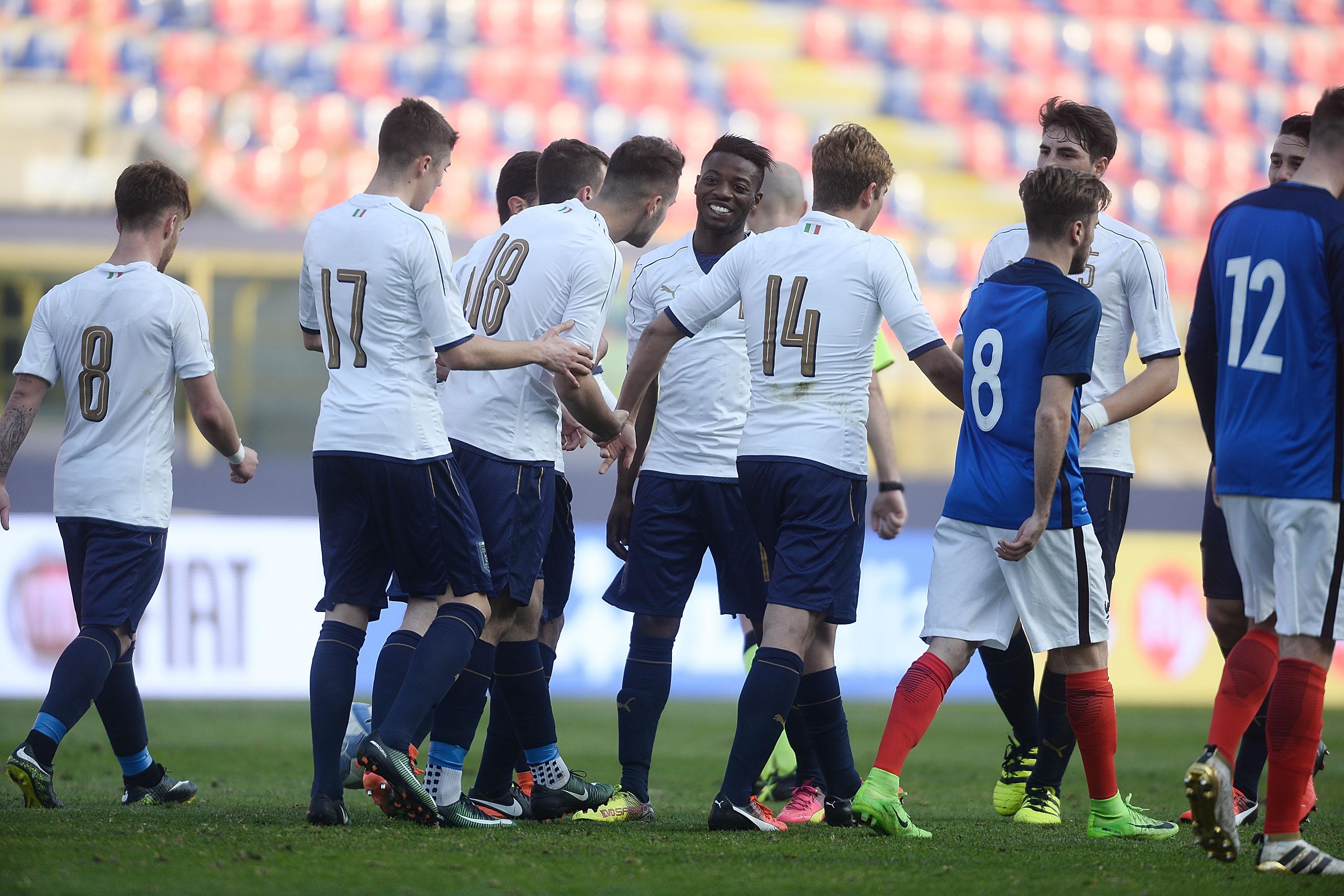 BOLOGNA, ITALY - FEBRUARY 22:  Marco Tumminello # 18 of Italy celebrates after scoring his team\\'s third goal during the international friendly match between Italy U19 and France U19 at Stadio Renato Dall\\'Ara on February 22, 2017 in Bologna, Italy.  (Photo by Mario Carlini / Iguana Press/Getty Images) *** Local Caption *** Marco Tumminello
