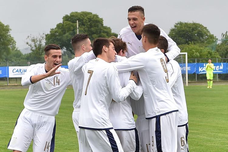 GRADISCA D\\'ISONZO, ITALY - APRIL 27:  Daniel Guerini of Italy U15 celebrates after scoring the opening goal during the Torneo delle Nazioni match between Italy U15 and UAE U15 on April 27, 2017 in Gradisca d\\'Isonzo, Italy.  (Photo by Giuseppe Bellini/Getty Images)