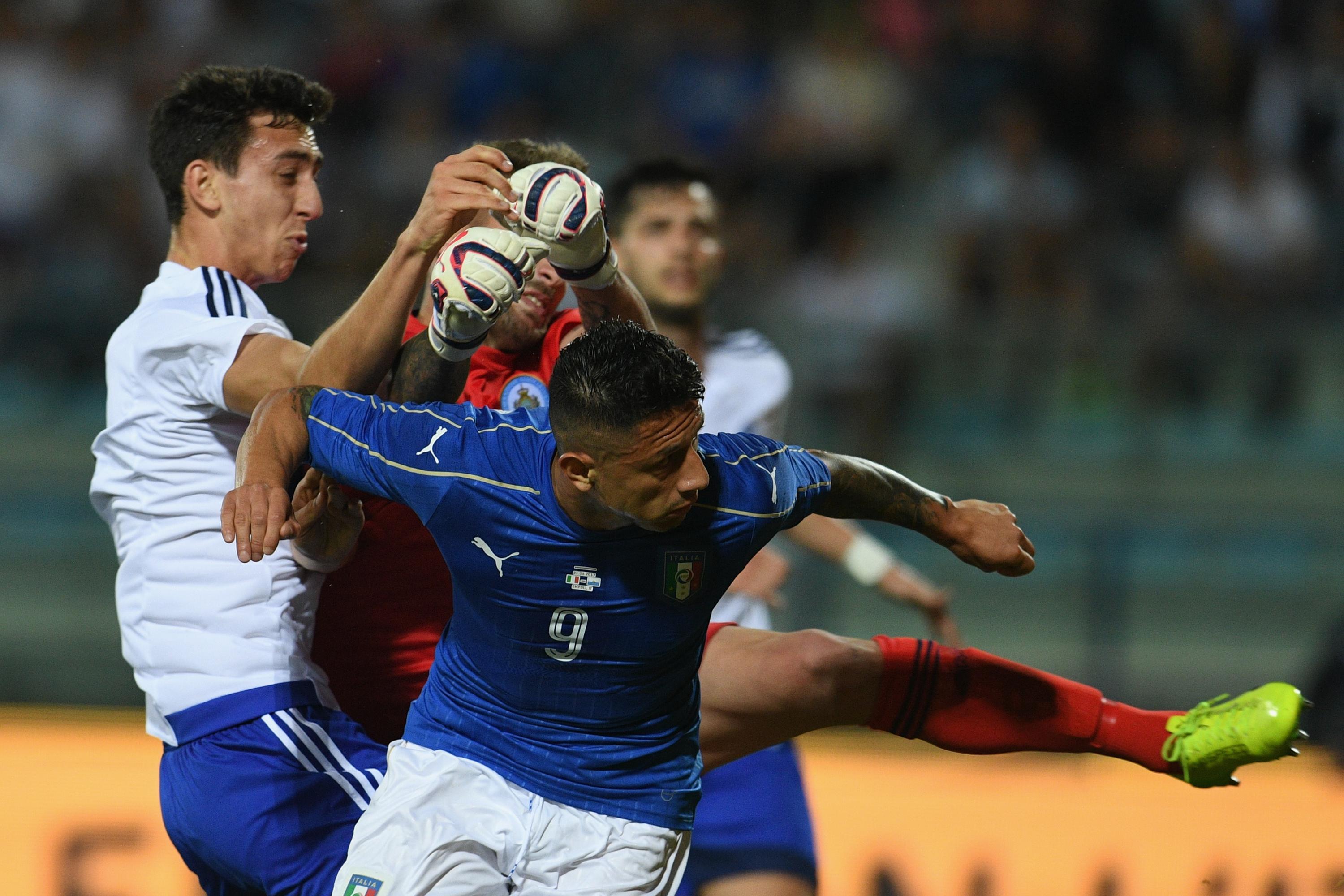 EMPOLI, ITALY - MAY 31:  Gianluca Lapadula of Italy #9 scores the opening goal during the international friendy match played between Italy and San Marino at Stadio Carlo Castellani on May 31, 2017 in Empoli, Italy.  (Photo by Claudio Villa/Getty Images)