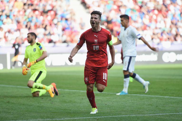 TYCHY, POLAND - JUNE 21: Michal Travnik of Czech Republic celebrates scoring the opening goal during the UEFA European Under-21 Championship Group C match between Czech Republic and Italy at Tychy Stadium on June 21, 2017 in Tychy, Poland. (Photo by Tom Dulat - UEFA/UEFA via Getty Images)