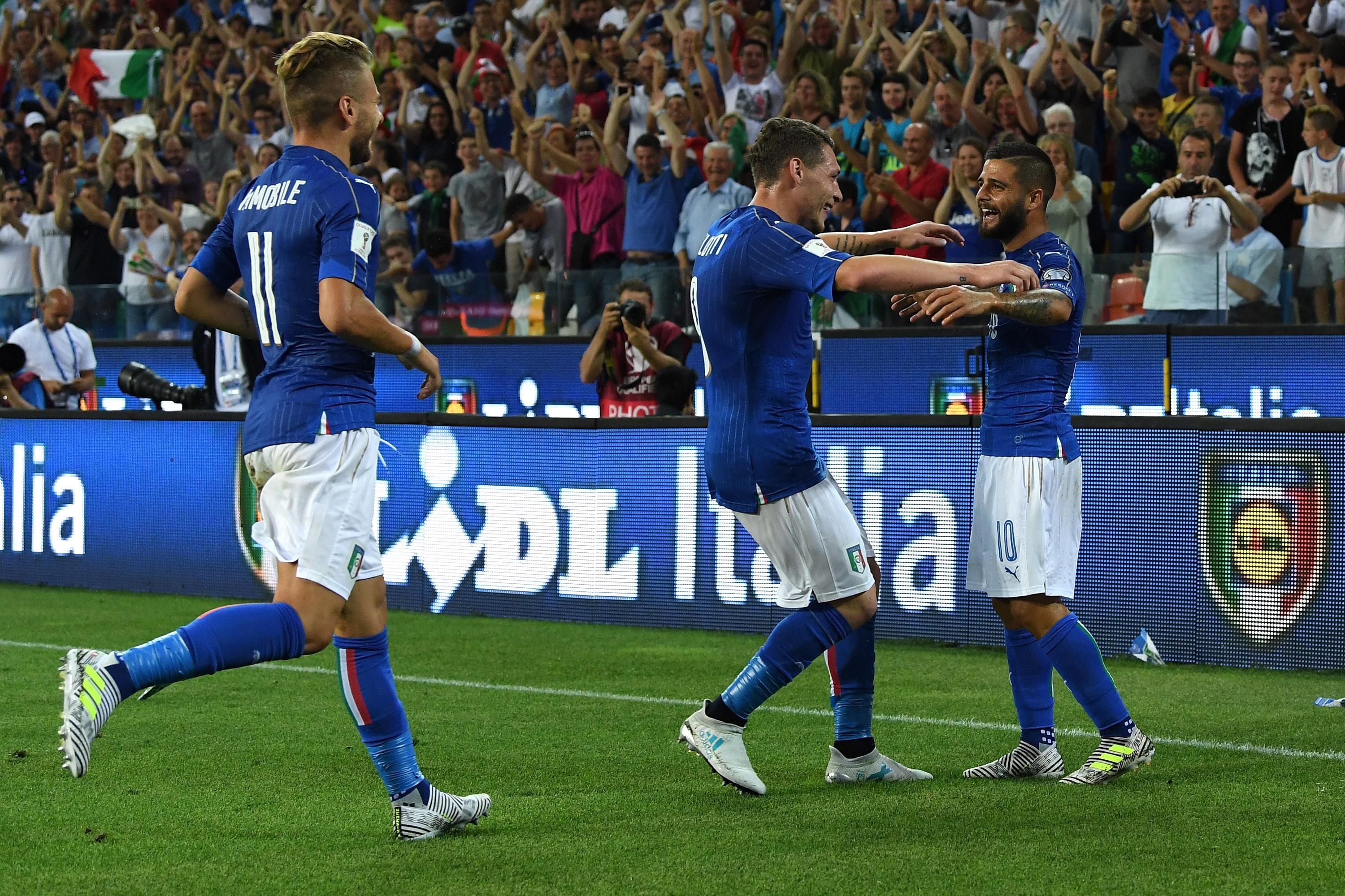 UDINE, ITALY - JUNE 11: Lorenzo Insigne of Italy celebrates with team-mates after scoring the opening goal during the FIFA 2018 World Cup Qualifier between Italy and Liechtenstein at Stadio Friuli on June 11, 2017 in Udine . (Photo by Valerio Pennicino/Getty Images)