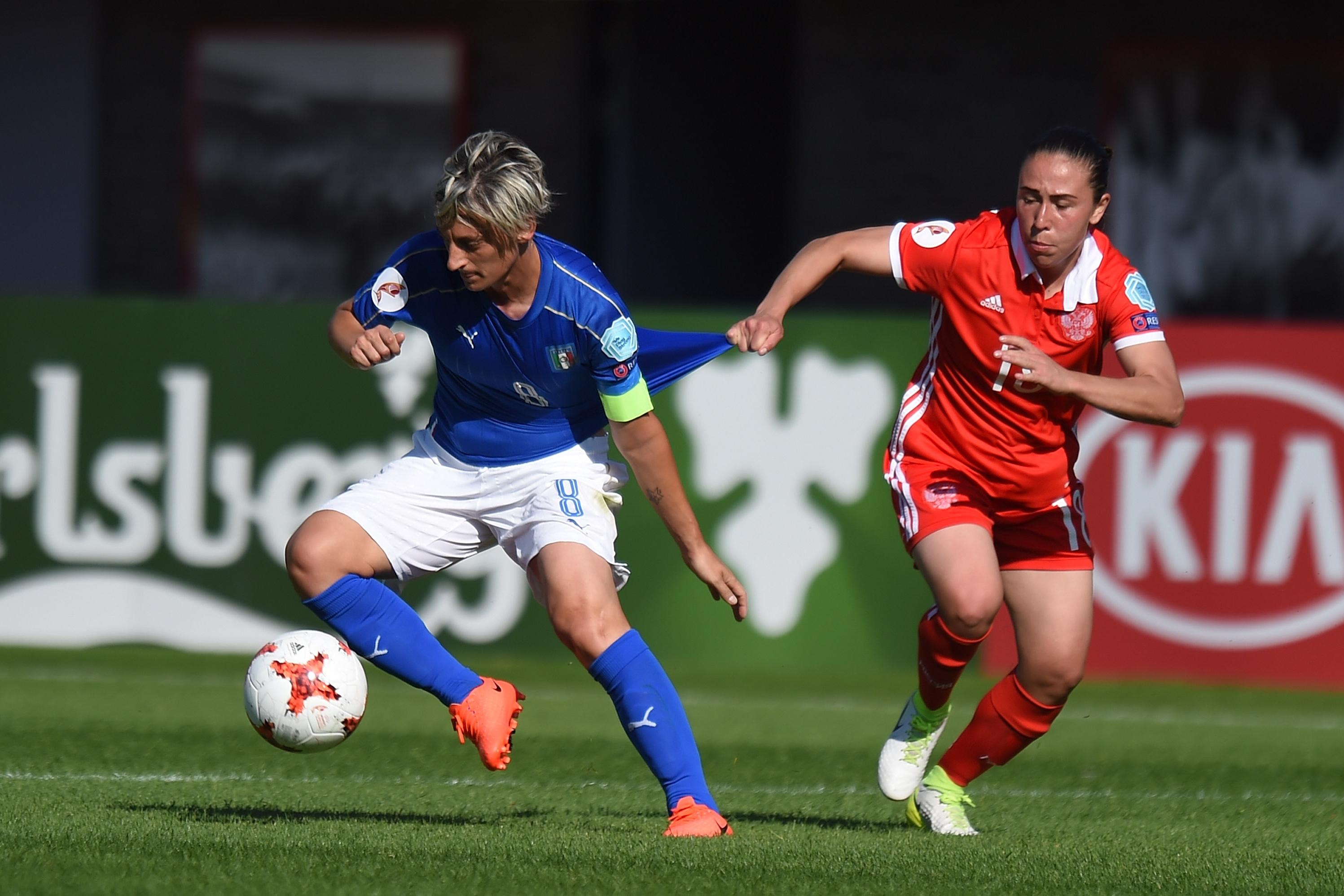 ROTTERDAM, NETHERLANDS - JULY 17:  Melania Gabbiadini of Italy is challenged by Elvira Ziyastinova of Russia during the UEFA Women\\'s Euro 2017 Group B match between Italy and Russia at Sparta Stadion on July 17, 2017 in Rotterdam, Netherlands.  (Photo by Tullio M. Puglia/UEFA via Getty Images)
