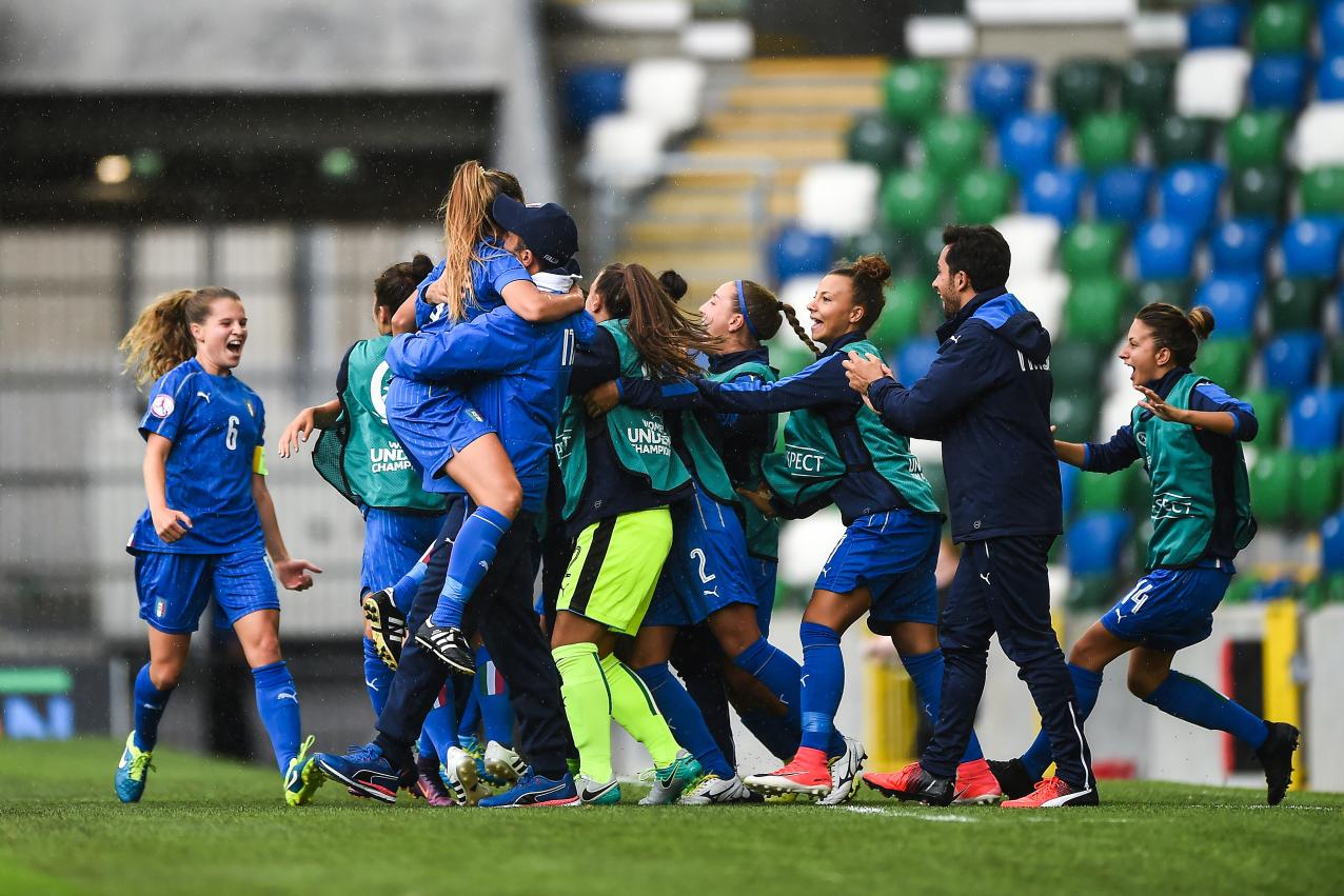 Annamaria Serturini of Italy celebrates with teammates after scoring her side\\'s first goal of the game during the UEFA Women\\'s European Under-19 Group B match