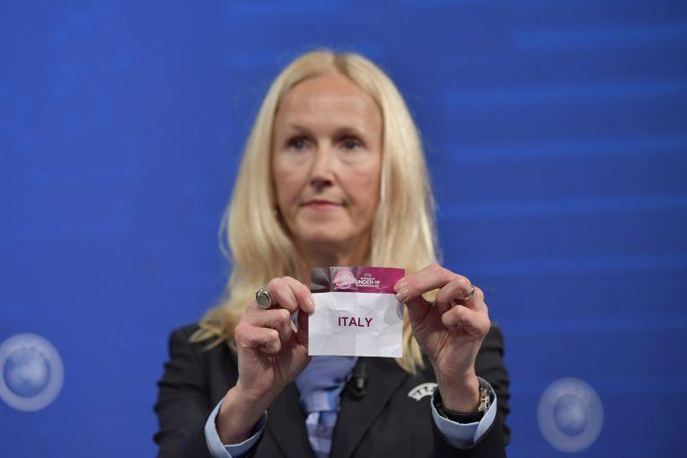 NYON, SWITZERLAND - NOVEMBER 24: Chairwoman of the UEFA Women\\'s Football Committee Anne Rei draws out the name of Italy during the UEFA European Women\\'s Under-19 Championship Qualifying Round 18/19 Draw at the UEFA headquarters, The House of European Football on November 24, 2017 in Nyon, Switzerland. (Photo by Harold Cunningham - UEFA/UEFA via Getty Images)