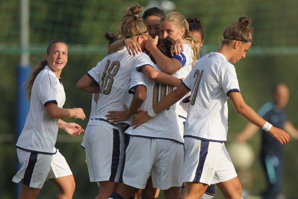 SPOLETO, ITALY - AUGUST 31: Melissa Bellucci #10 with his teammates of Italy Women U17 celebrates after scoring the opening goal from penalty spot during the friendly match between Italy Women U17 and Greece Women U17 on August 31, 2017 in Norcia, Italy. (Photo by Paolo Bruno/Getty Images)