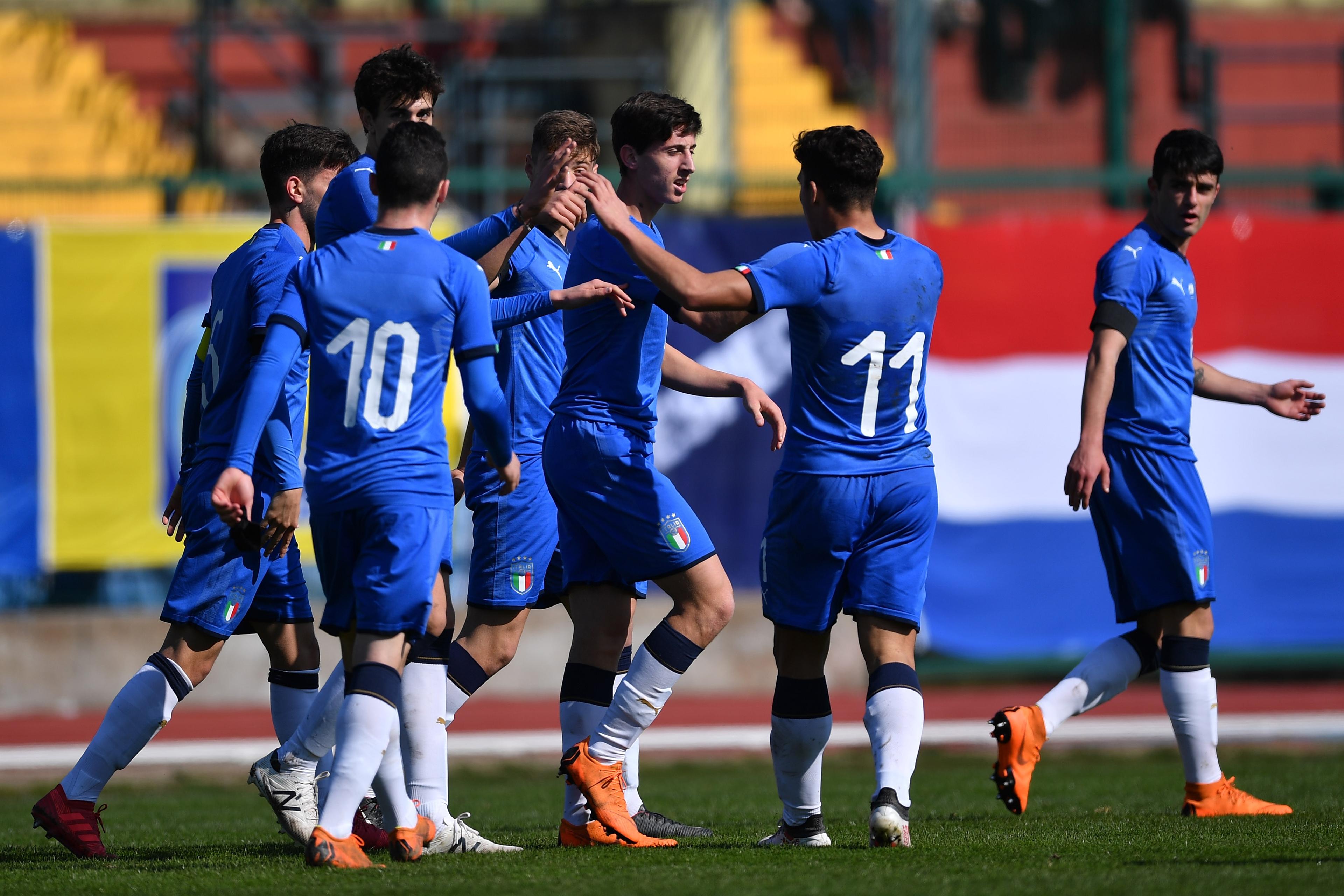 BIELLA, ITALY - MARCH 23:  Samuele Mulattieri (C) of Italy U18 celebrates with team mates after scoring the opening goal during the international friendly match between Italy U18 and Netherlands U18 on March 23, 2018 in Biella, Italy.  (Photo by Valerio Pennicino/Getty Images)