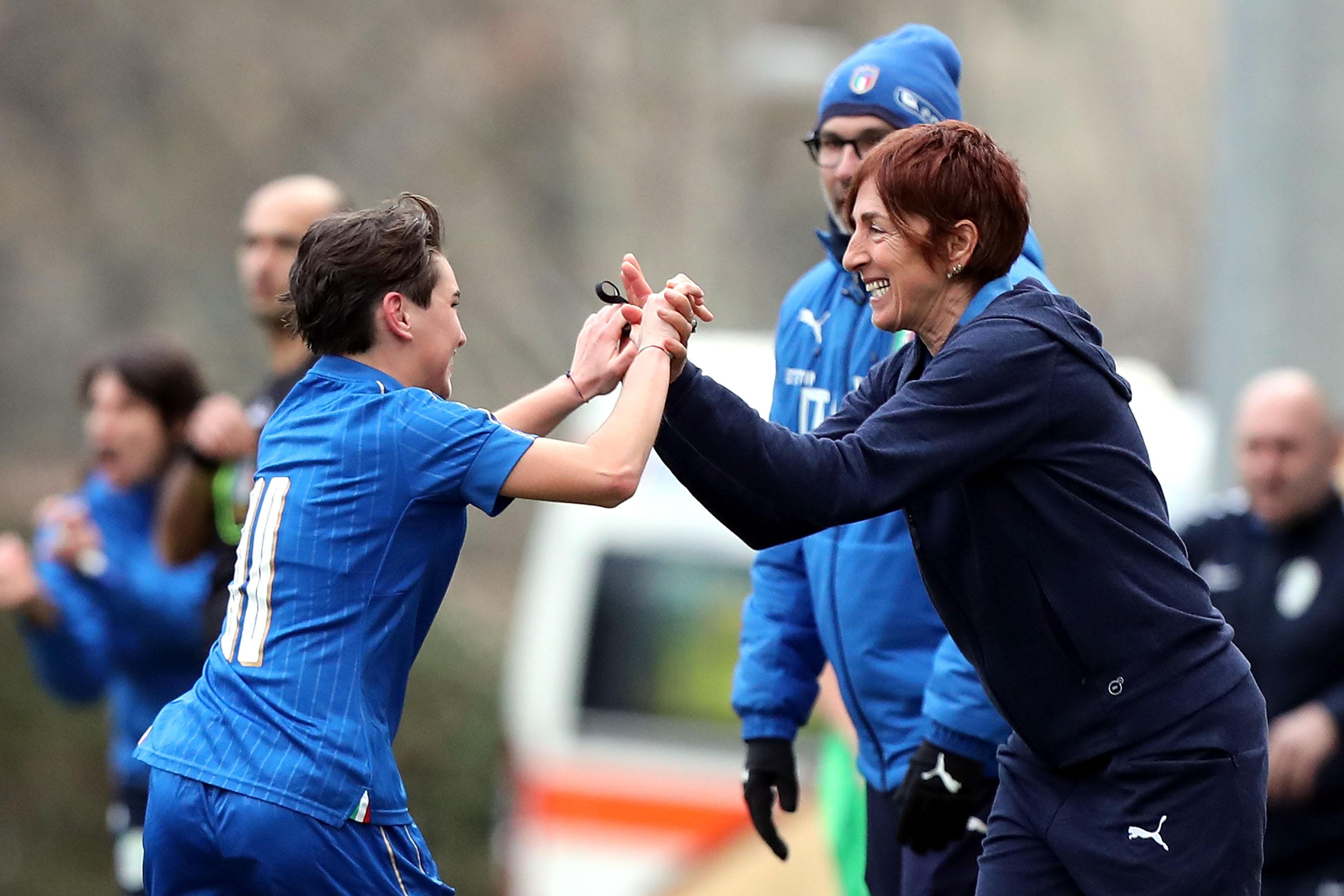 FLORENCE, ITALY - JANUARY 19: Federica Anghileri (L) and Nazzarena Grilli manager of Italy U16 celebrates after scoring a goal during the U16 Women friendly match between Italy U16 and Slovenia U16 at Coverciano on January 19, 2018 in Florence, Italy. (Photo by Gabriele Maltinti/Getty Images)