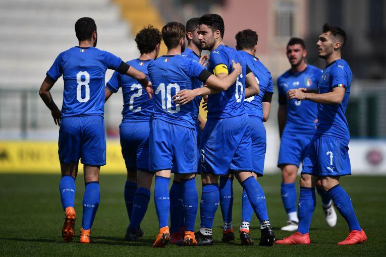 ALESSANDRIA, ITALY - MARCH 27:  Riccardo Marchizza (C) of Italy U20 celebrates his goal with team mates  during the 8 Nations Tournament match between Italy U20 and Switzerland U20 on March 27, 2018 in Alessandria, Italy.  (Photo by Valerio Pennicino/Getty Images)