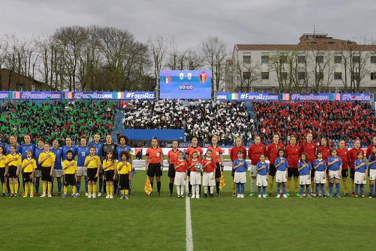 FERRARA, ITALY - APRIL 10: Italy and Belgium team line up for the anthems prior to the FIFA Women\\'s World Cup Qualifier between Italy and Belgium at Stadio Paolo Mazza on April 10, 2018 in Ferrara, Italy.  (Photo by Emilio Andreoli/Getty Images)