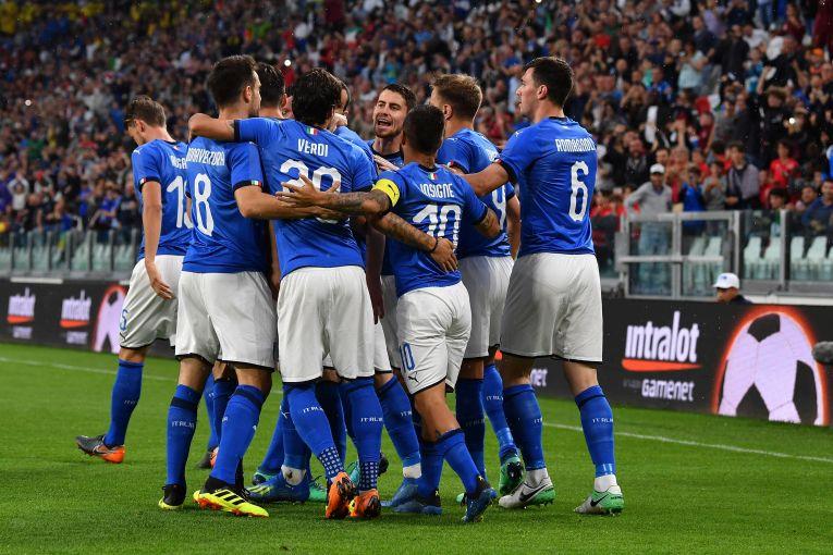 TURIN, ITALY - JUNE 04:  Andrea Belotti of Italy celebrates an irregular goal with team mates during the International Friendly match between Italy and Netherlands at Allianz Stadium on June 4, 2018 in Turin, Italy.  (Photo by Valerio Pennicino/Getty Images)