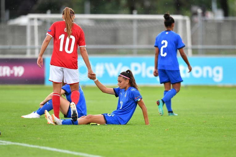 YVERDON-LES-BAINS, SWITZERLAND - JULY 21:  Mille Gejl Jensen of Denmark shakes hands with Agnese Bonfantini of Italy following Denmark victory during the UEFA Women\\'s Under-19 Championship Group Stage - Group B match between Denmark and Italy at Stade Municipal on July 21, 2018 in Yverdon-les-Bains, Switzerland.  (Photo by Harold Cunningham - UEFA/UEFA via Getty Images)