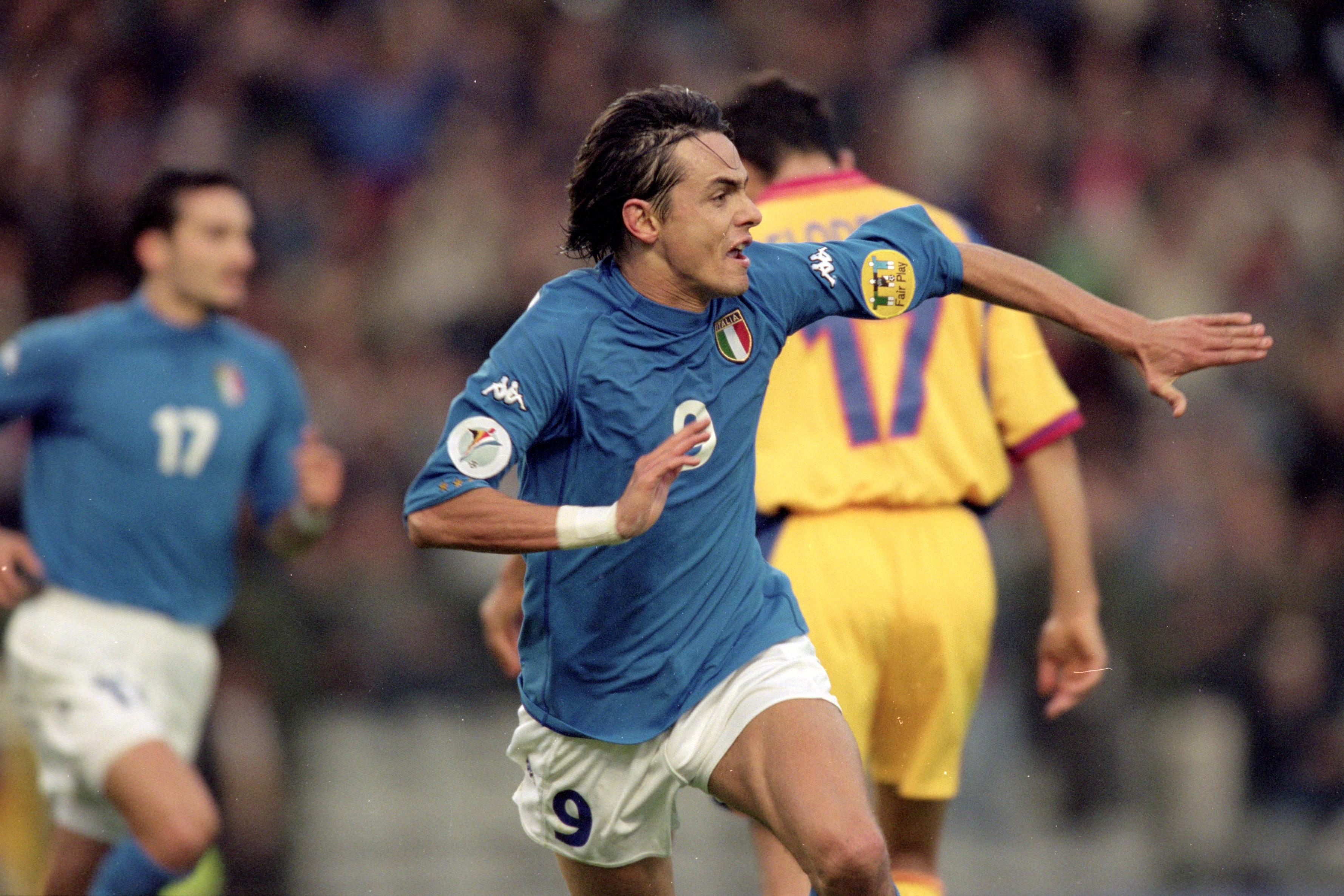 24 Jun 2000:  Filippo Inzaghi of Italy celebrates scoring during the European Championships 2000 Quarter Final against Romania at the King Baudouin Stadium, Brussels, Belgium. Italy won 2-0. \\\\ Mandatory Credit: Graham Chadwick /Allsport