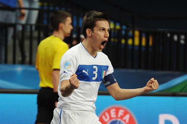 ANTWERPEN, BELGIUM - FEBRUARY 6: Gabriel Lima celebrates his goal for Italy during the Futsal Euro 2014 Semi Final match between Portugal and Italy at Sportpaleis on February 6, 2014 in Antwerpen, Belgium. (Photo by Tom Dulat/Getty Images for UEFA)