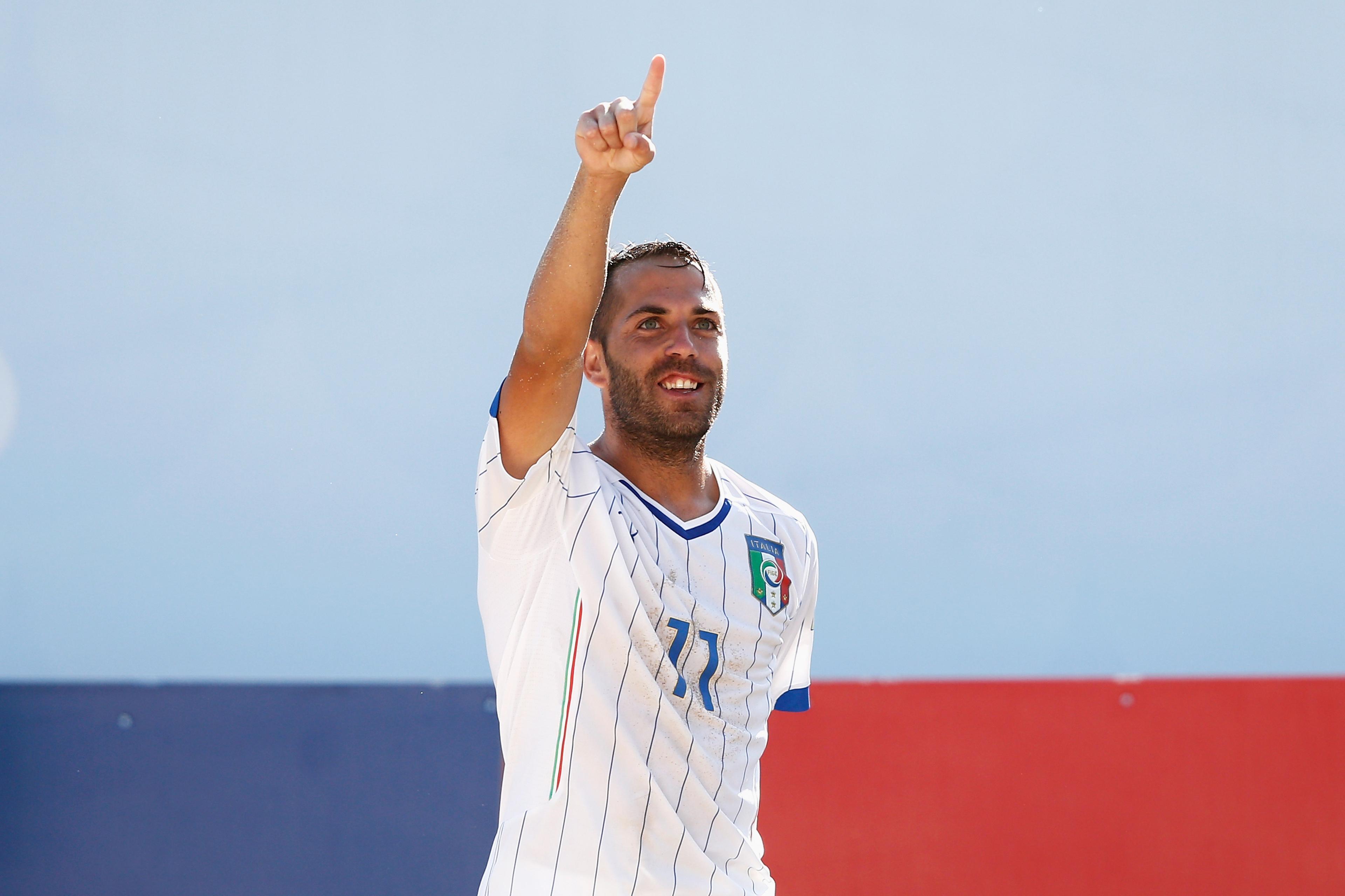 ESPINHO, PORTUGAL - JULY 13:  Paolo Palmacci of Italy celebrates scoring a goal during the Group B FIFA Beach Soccer World Cup match between Switzerland and Italy held at Espinho Stadium on July 13, 2015 in Espinho, Portugal.  (Photo by Dean Mouhtaropoulos - FIFA/FIFA via Getty Images)
