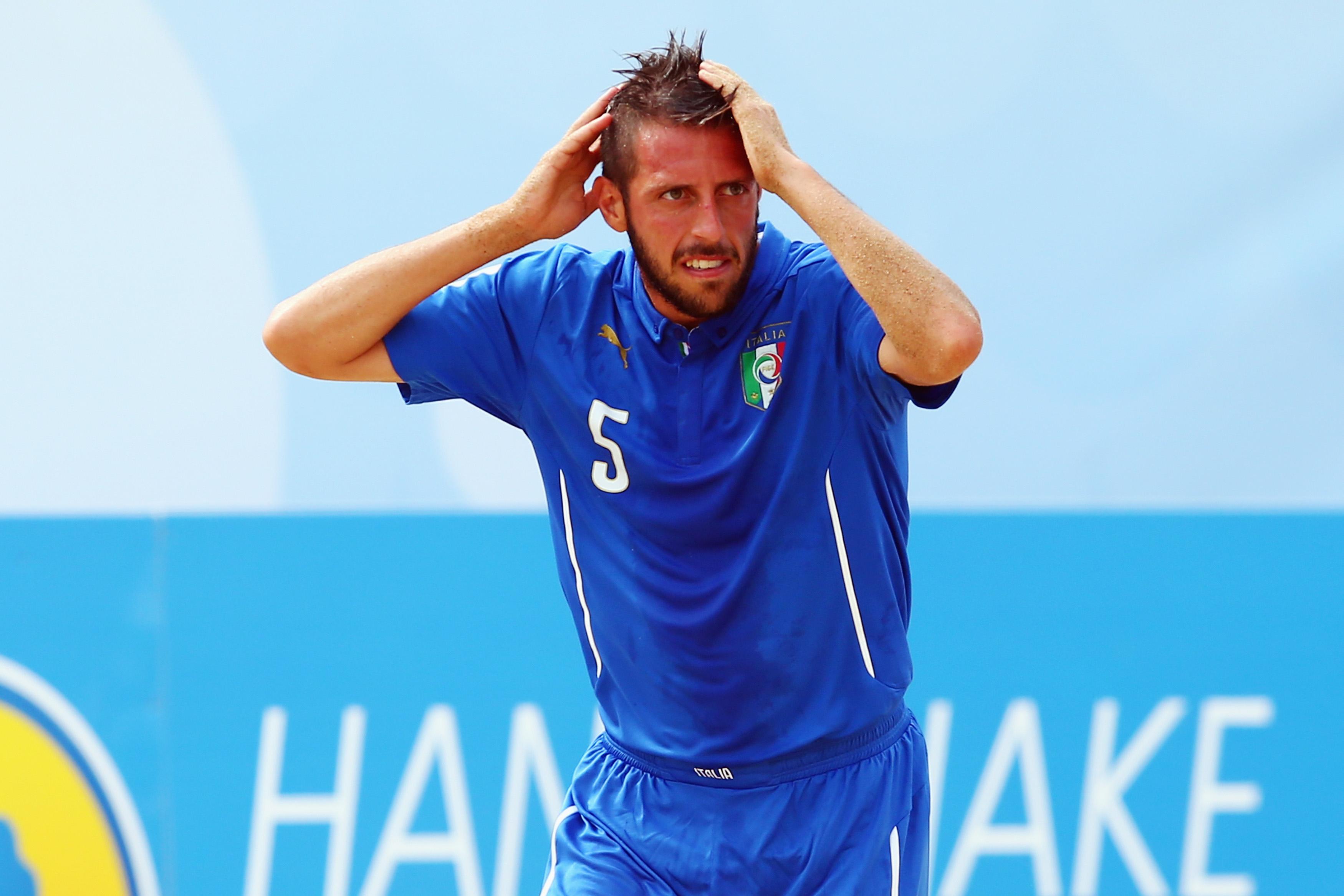 ESPINHO, PORTUGAL - JULY 18: Alessio Frainetti of Italy reacts during the FIFA Beach Soccer World Cup Portugal 2015 Semi-final match between Italy and Tahiti at Espinho Stadium on July 18, 2015 in Espinho, Portugal.  (Photo by Alex Grimm - FIFA/FIFA via Getty Images)